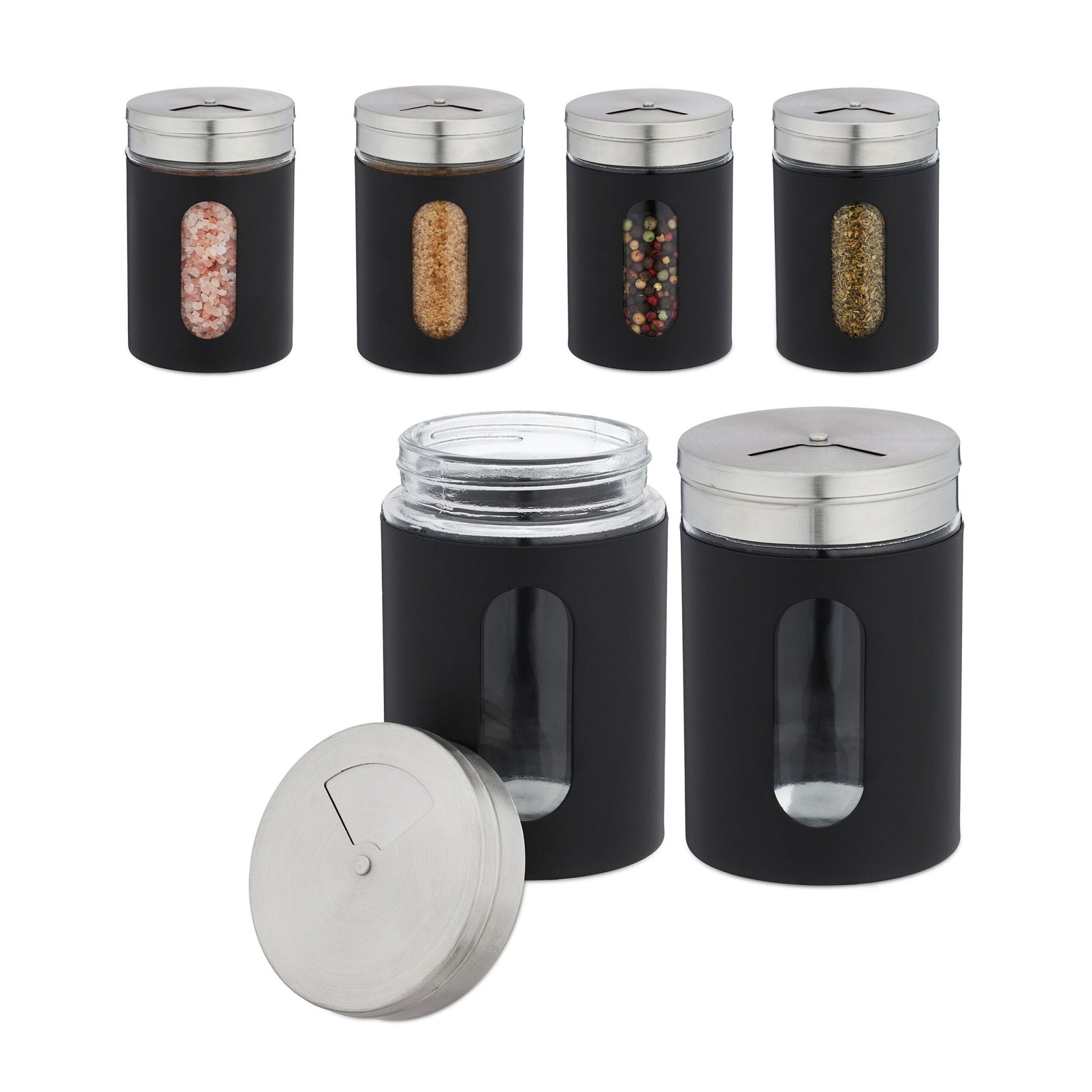 Gewürzstreuer XL 6er-Set Schwarz-Silber-Transparent von Relaxdays