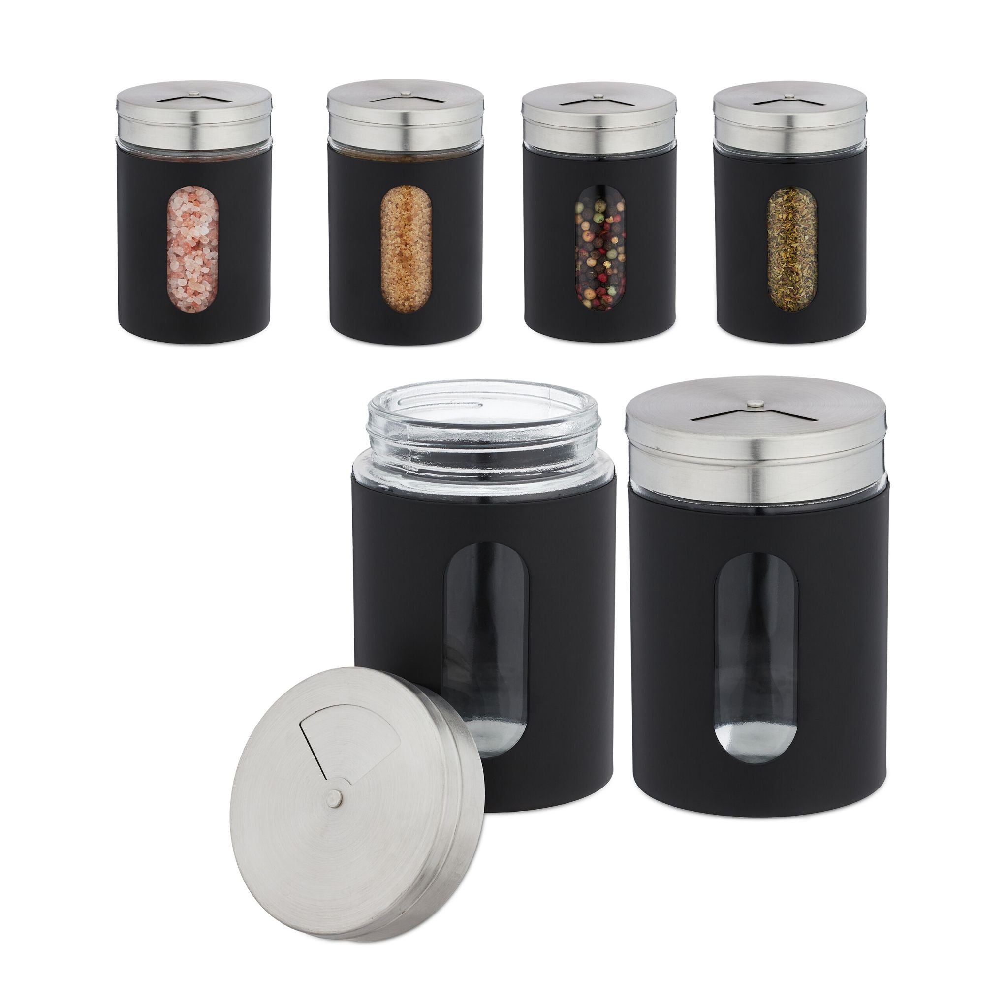 Gewürzstreuer XL 6er-Set Schwarz-Silber-Transparent von Relaxdays