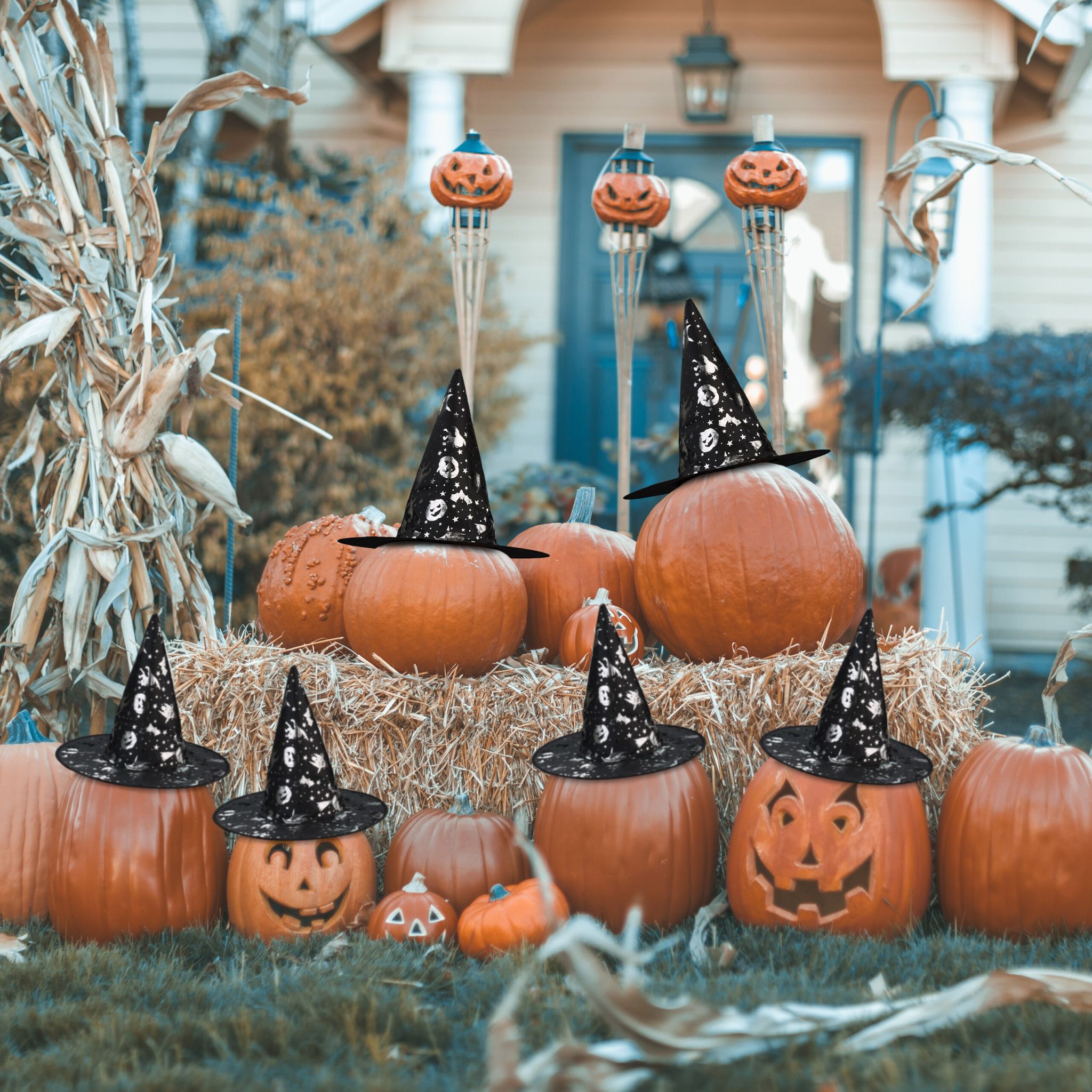 Hexenhut mit Halloween-Motiven 6er-Set Schwarz-Silber von Relaxdays