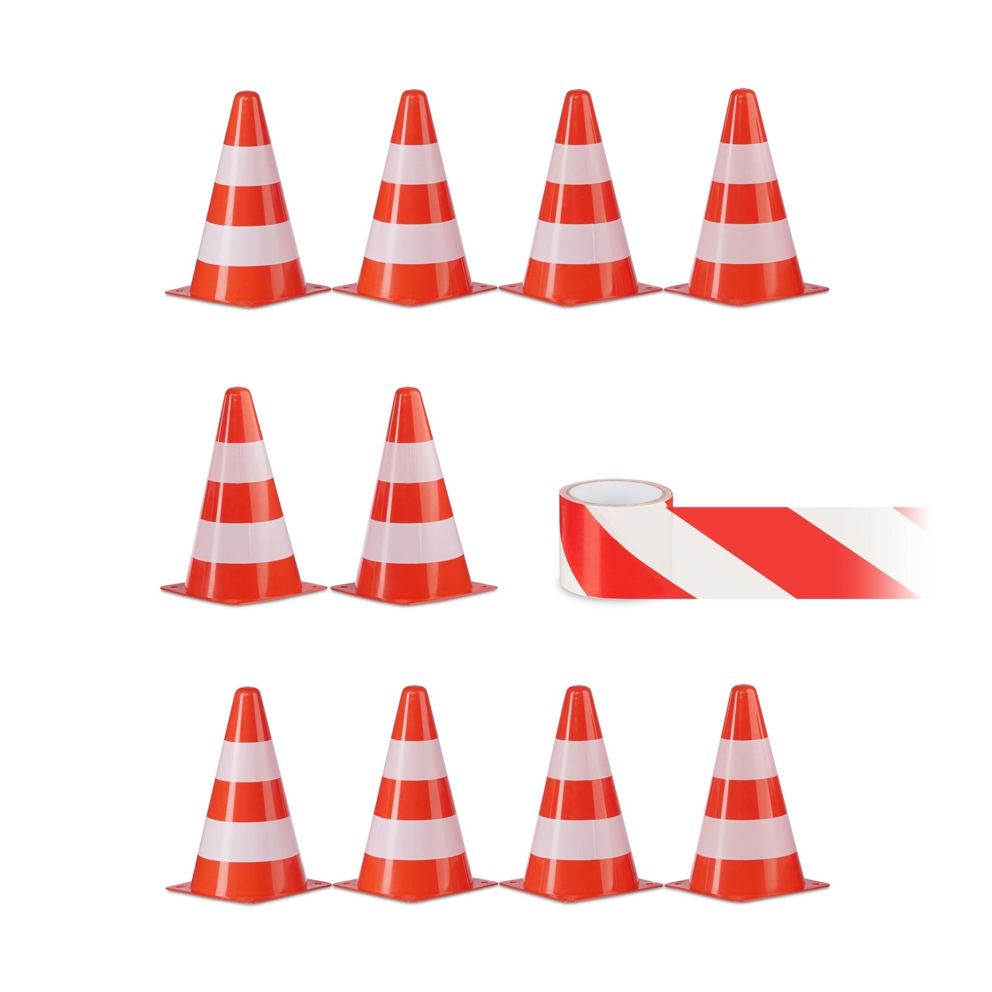 Pylonen 10er-Set mit Beutel & Warnband Weiss-Orange-Schwarz von Relaxdays