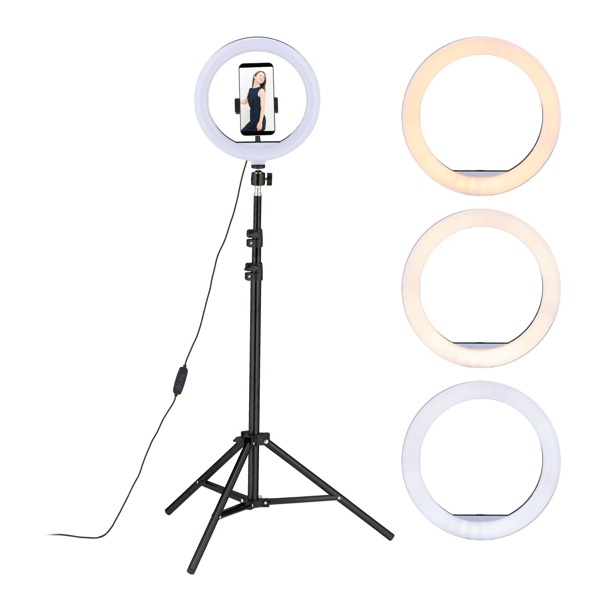 LED Ringlicht mit Stativ Weiss-Schwarz von Relaxdays