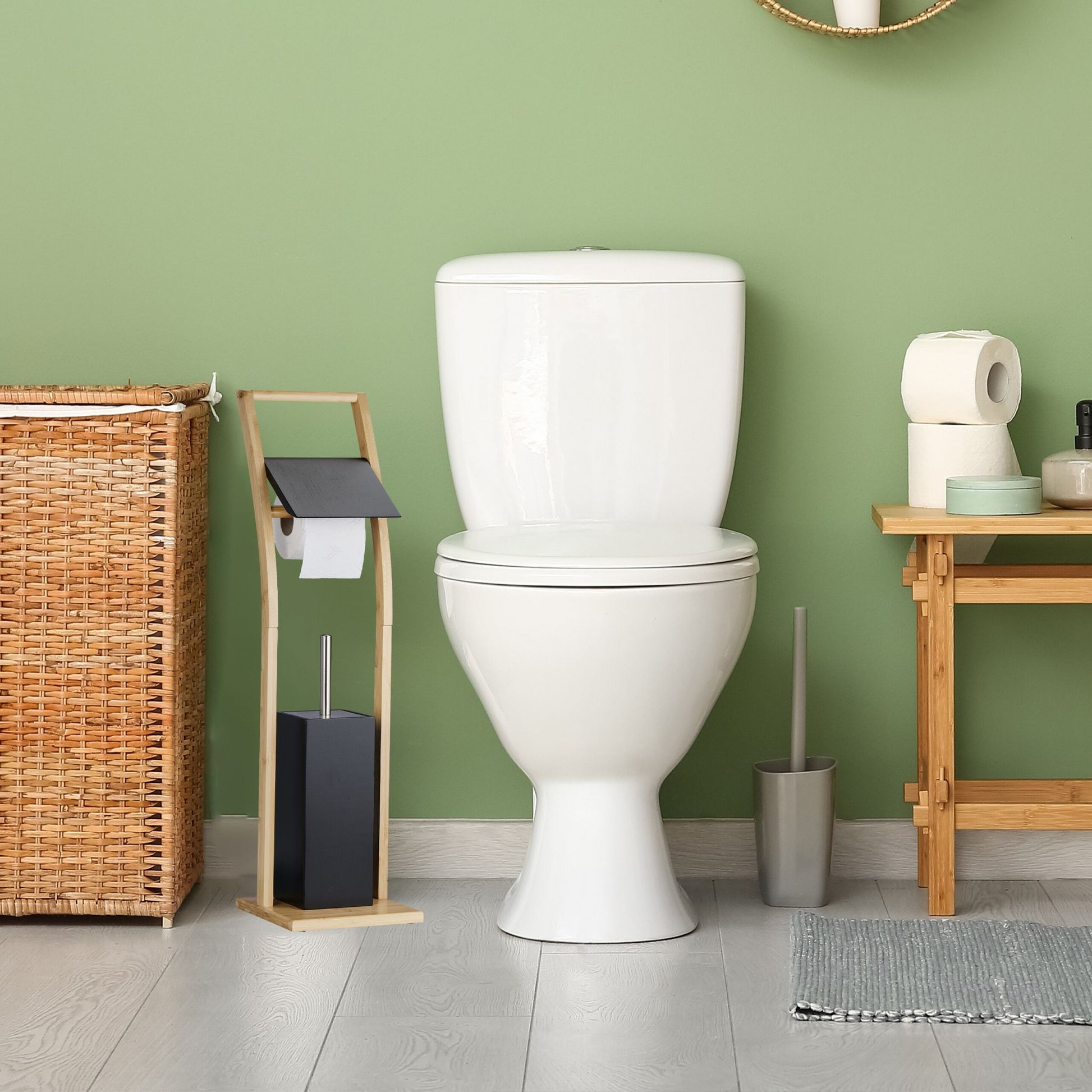 WC Garnitur Bambus Hellbraun-Schwarz-Silber von Relaxdays