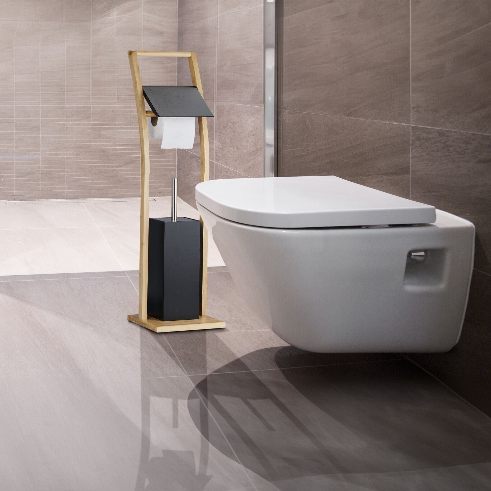 WC Garnitur Bambus Hellbraun-Schwarz-Silber von Relaxdays