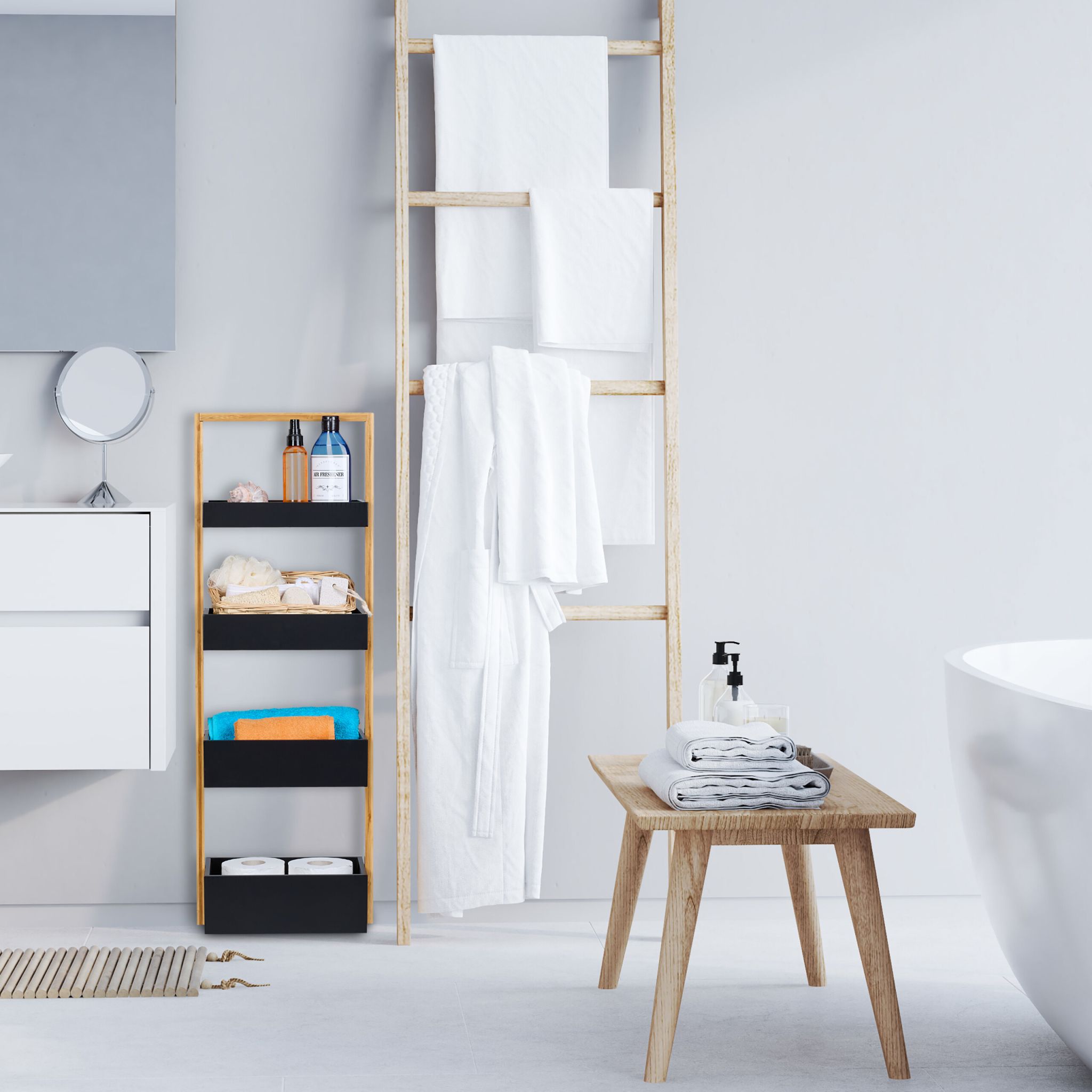 Badregal Bambus 4 Ablagen Hellbraun-Schwarz von Relaxdays