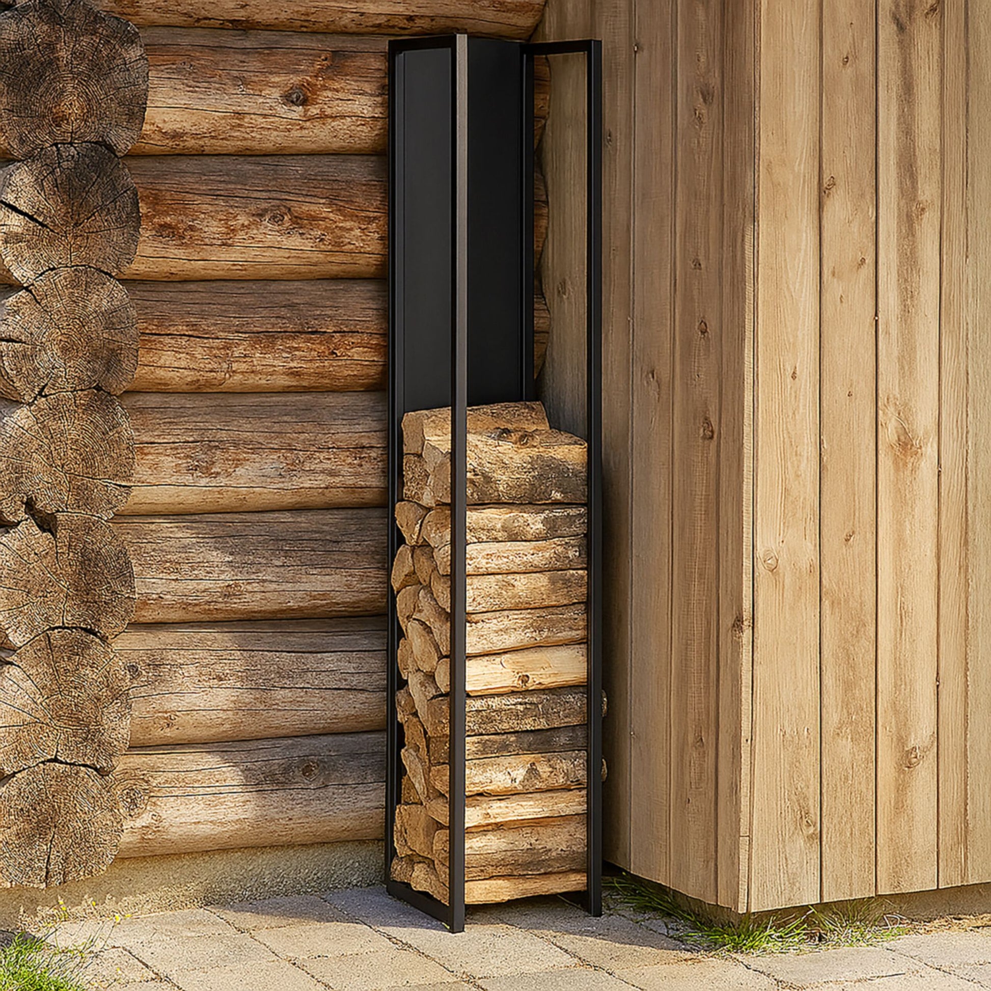Hohes Kaminholzregal mit Rückwand Schwarz von Relaxdays