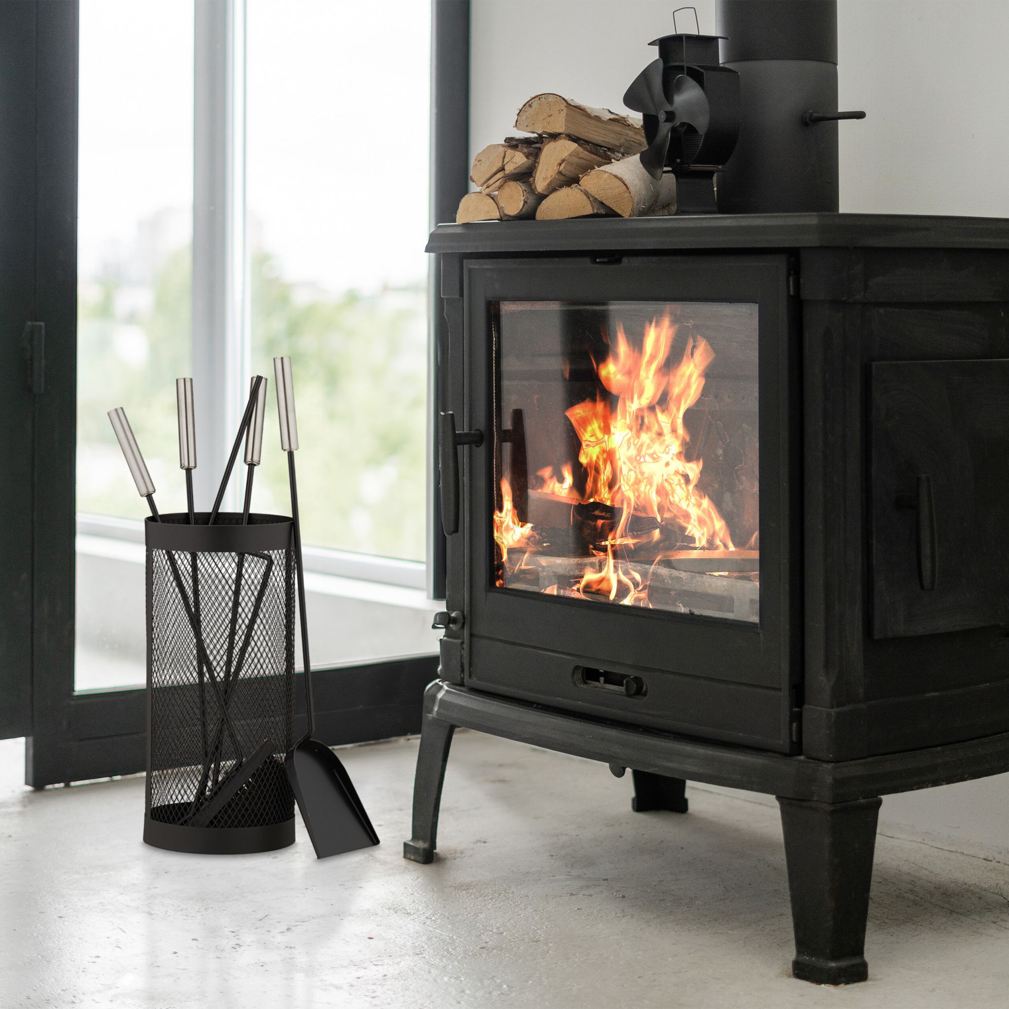 Kaminbesteck Eimer 5tlg. Schwarz-Silber von Relaxdays