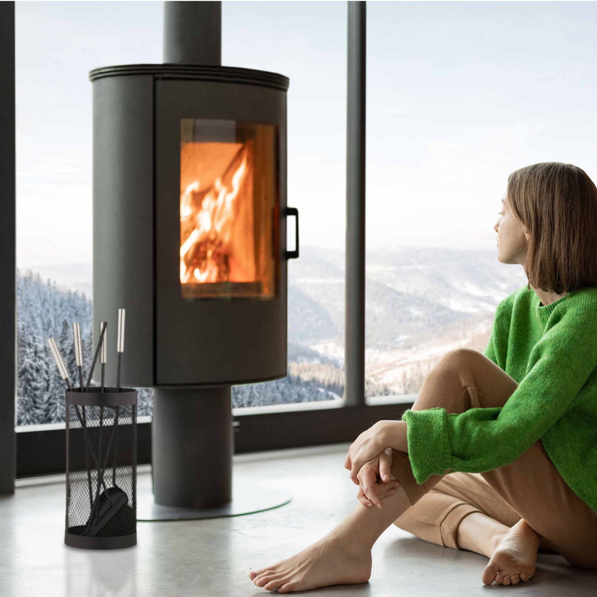 Kaminbesteck Eimer 5tlg. Schwarz-Silber von Relaxdays