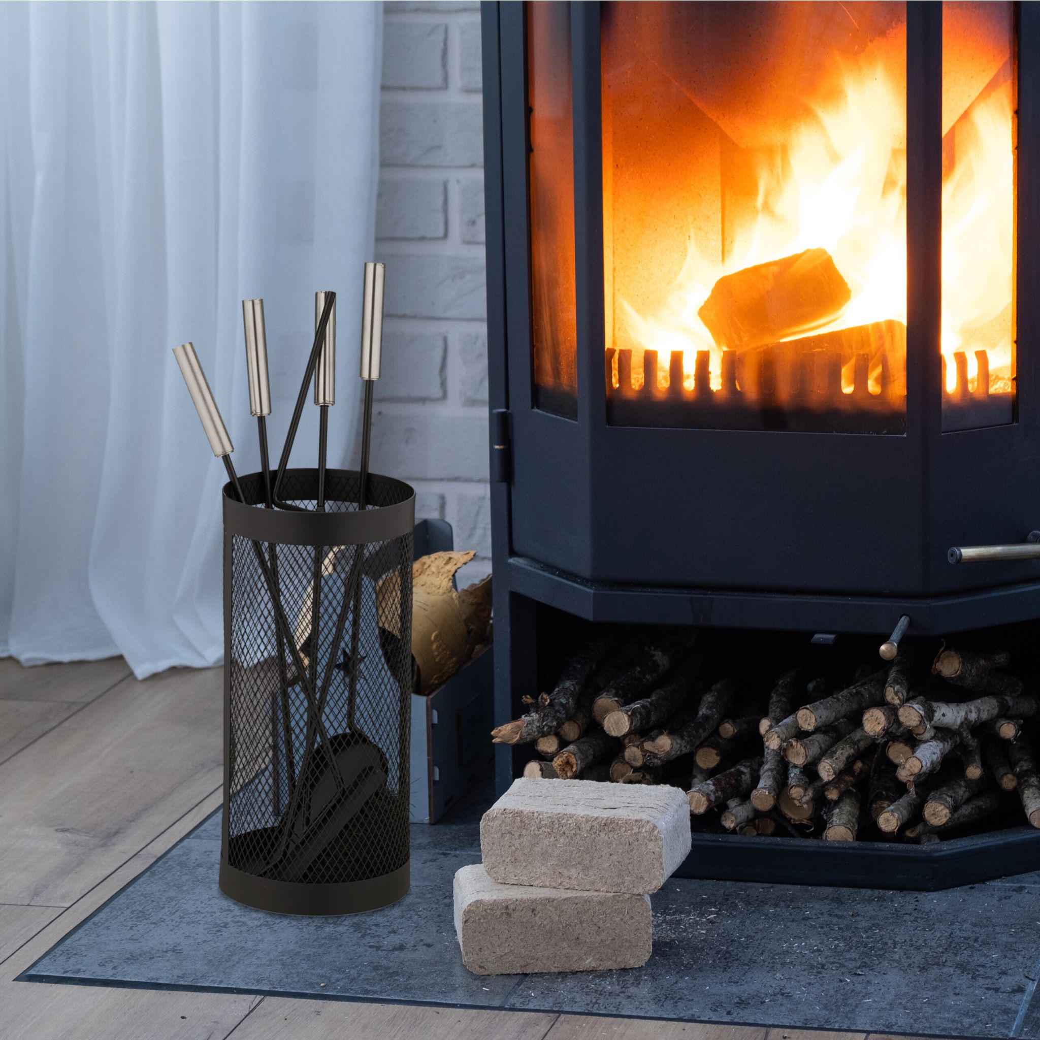 Kaminbesteck Eimer 5tlg. Schwarz-Silber von Relaxdays
