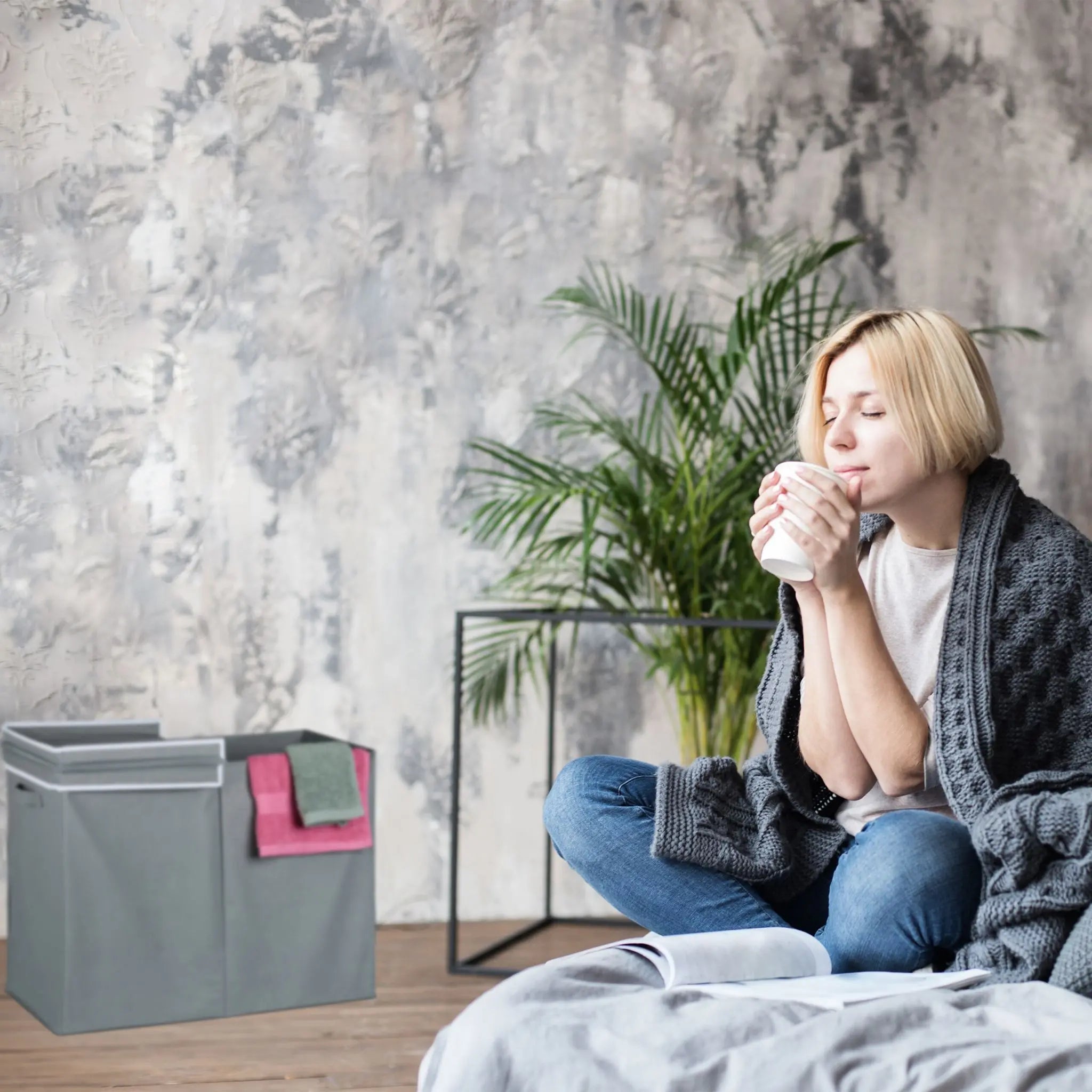 Wäschekorb mit Deckel 100L Weiss-Grau von Relaxdays