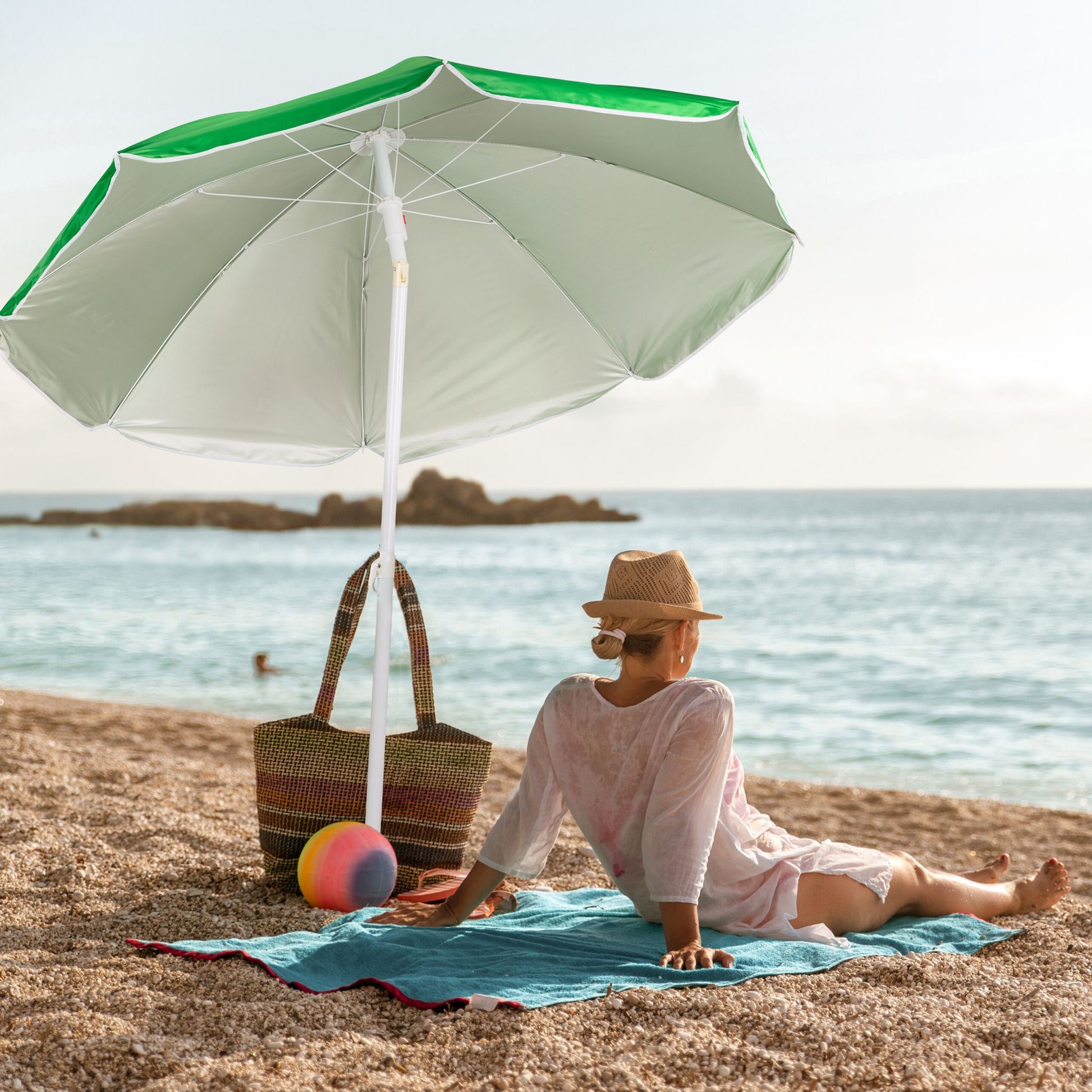 Sonnenschirm 160cm Weiss-Grün-Silber von Relaxdays
