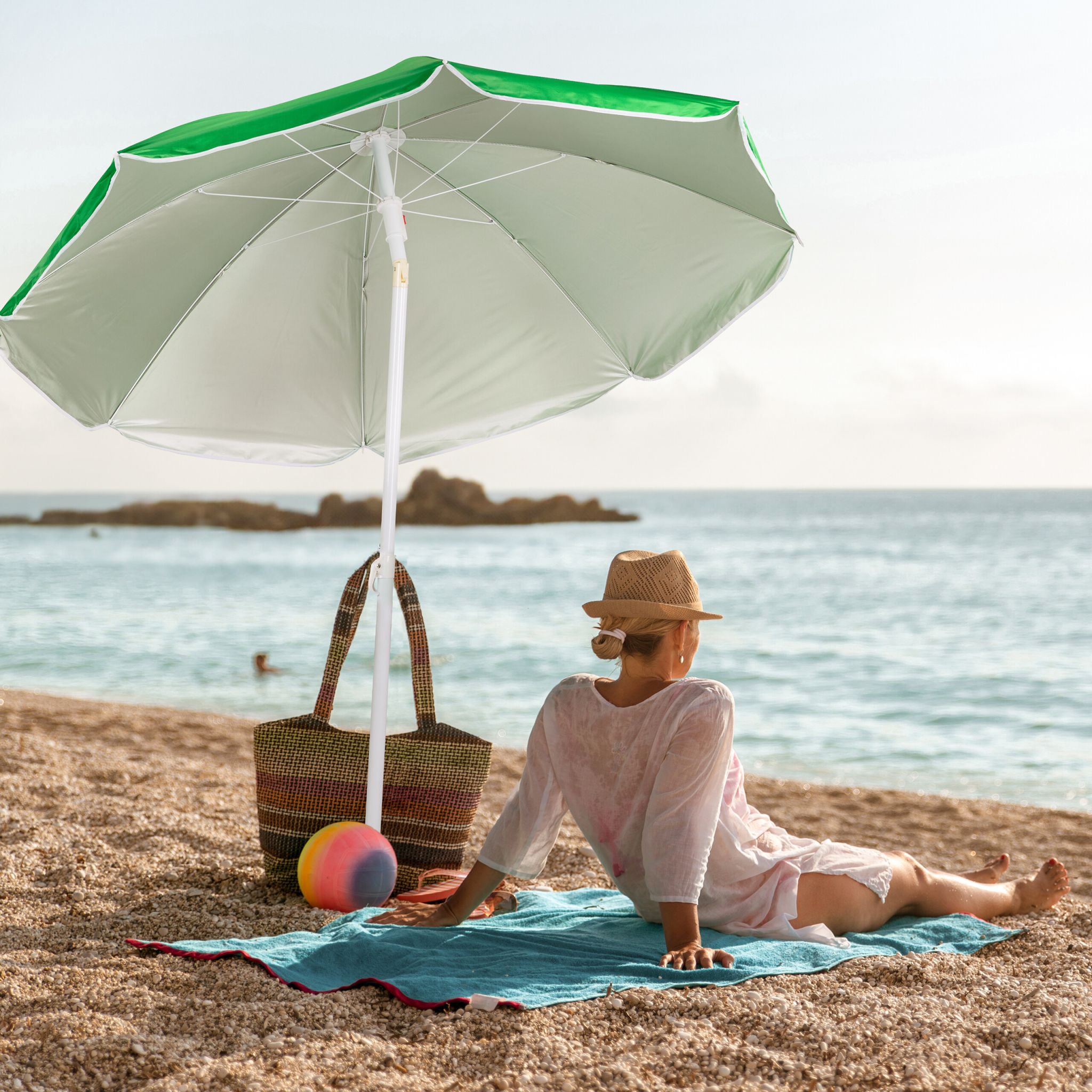 Sonnenschirm 160cm Weiss-Grün-Silber von Relaxdays