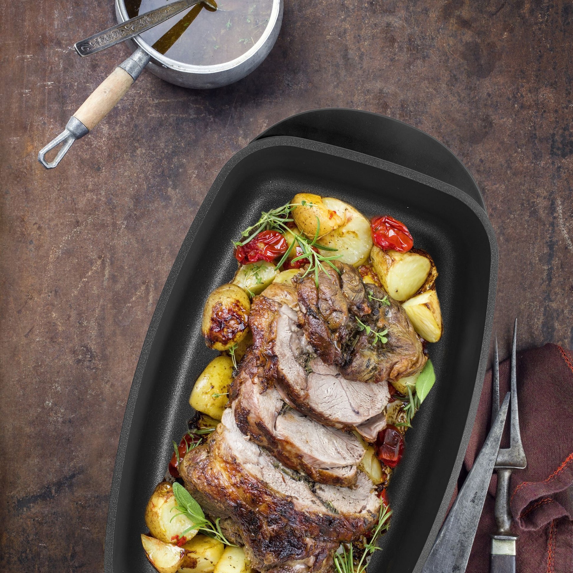 Bräter mit Deckel und Aromaknopf Schwarz-Silber-Transparent von Relaxdays