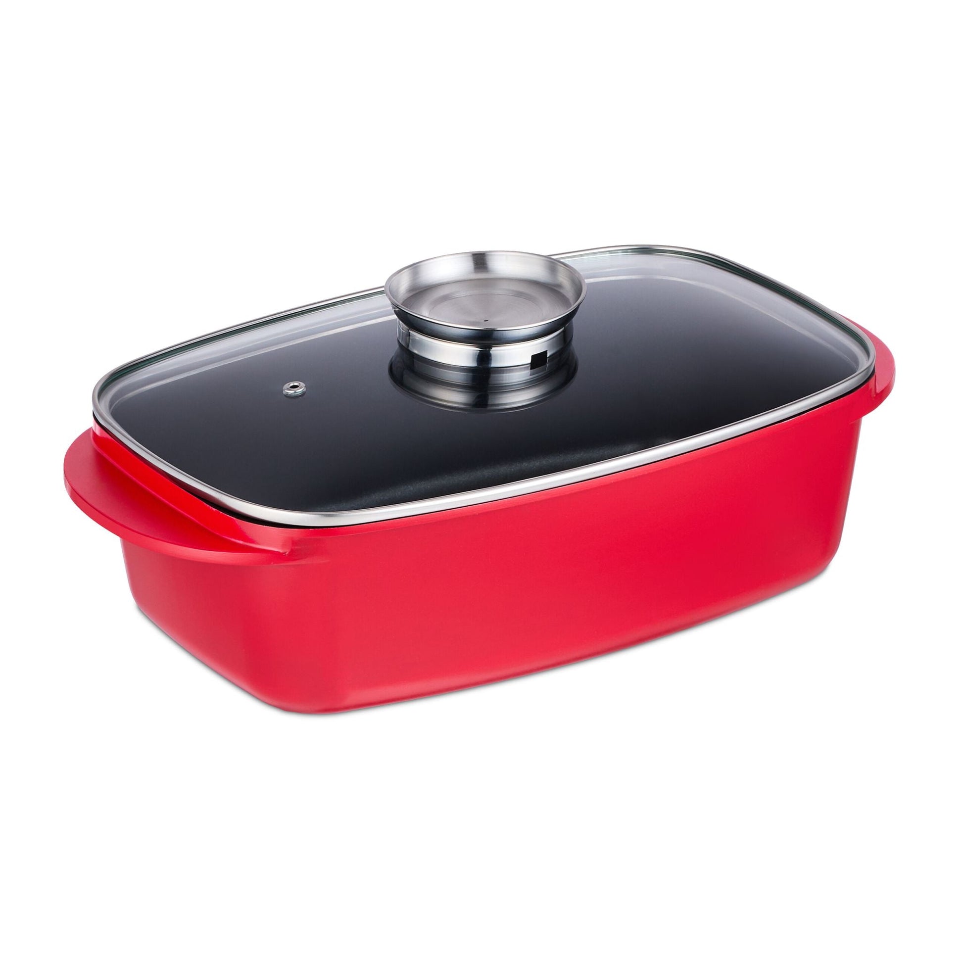 Bräter mit Deckel und Aromaknopf Rot-Silber-Transparent von Relaxdays