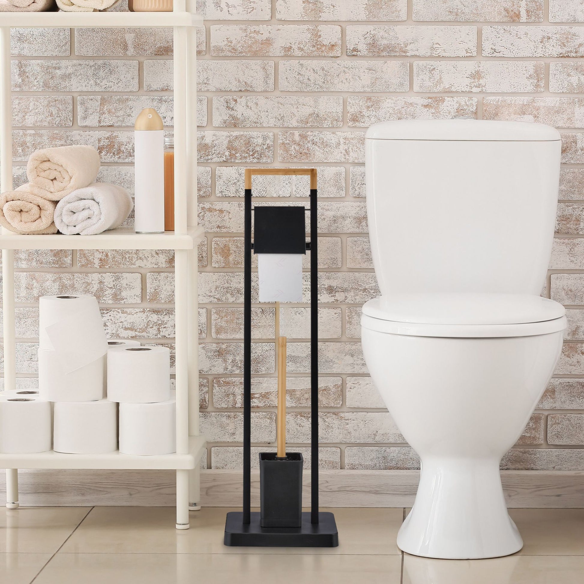 WC Garnitur Bambus & Edelstahl Hellbraun-Schwarz von Relaxdays