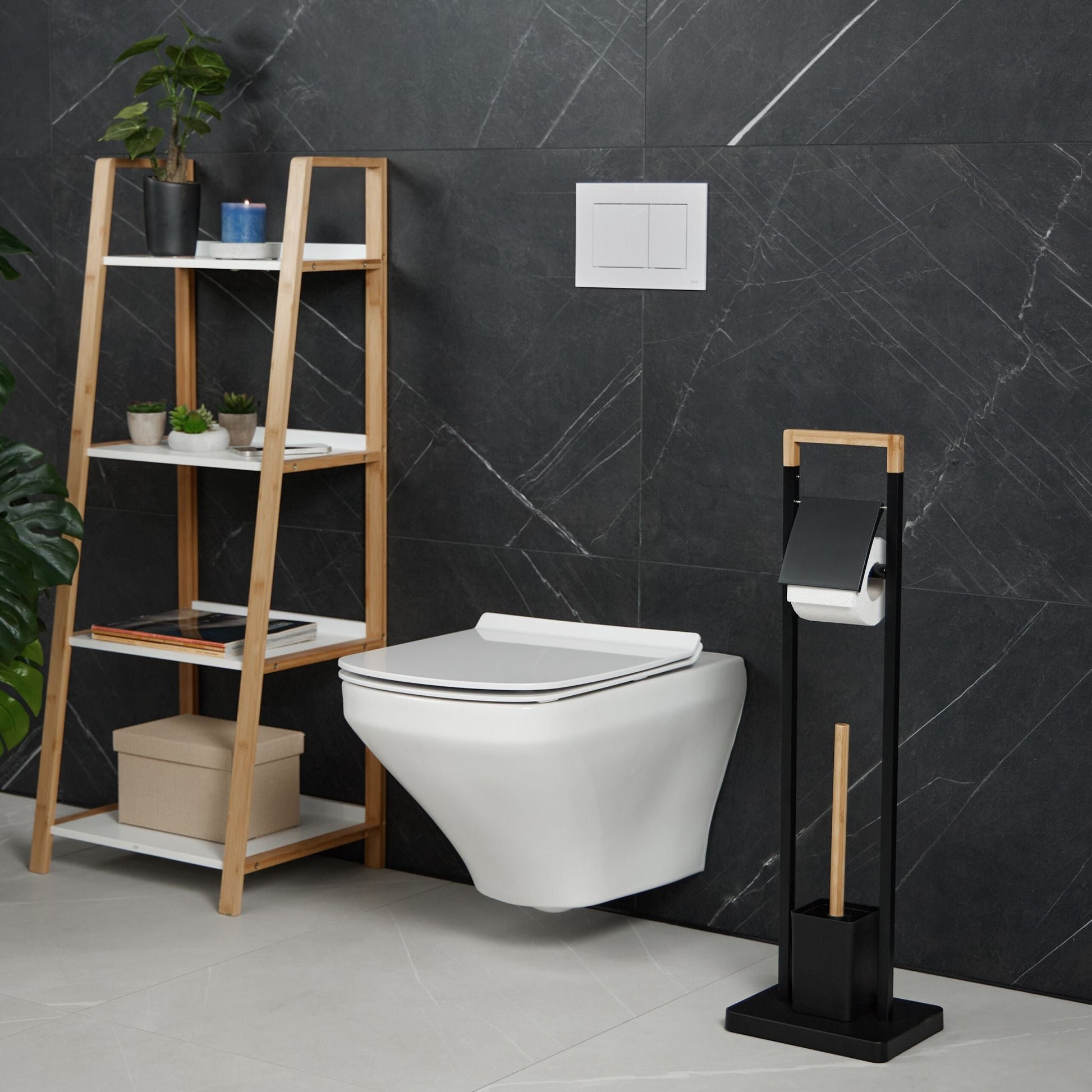 WC Garnitur Bambus & Edelstahl Hellbraun-Schwarz von Relaxdays