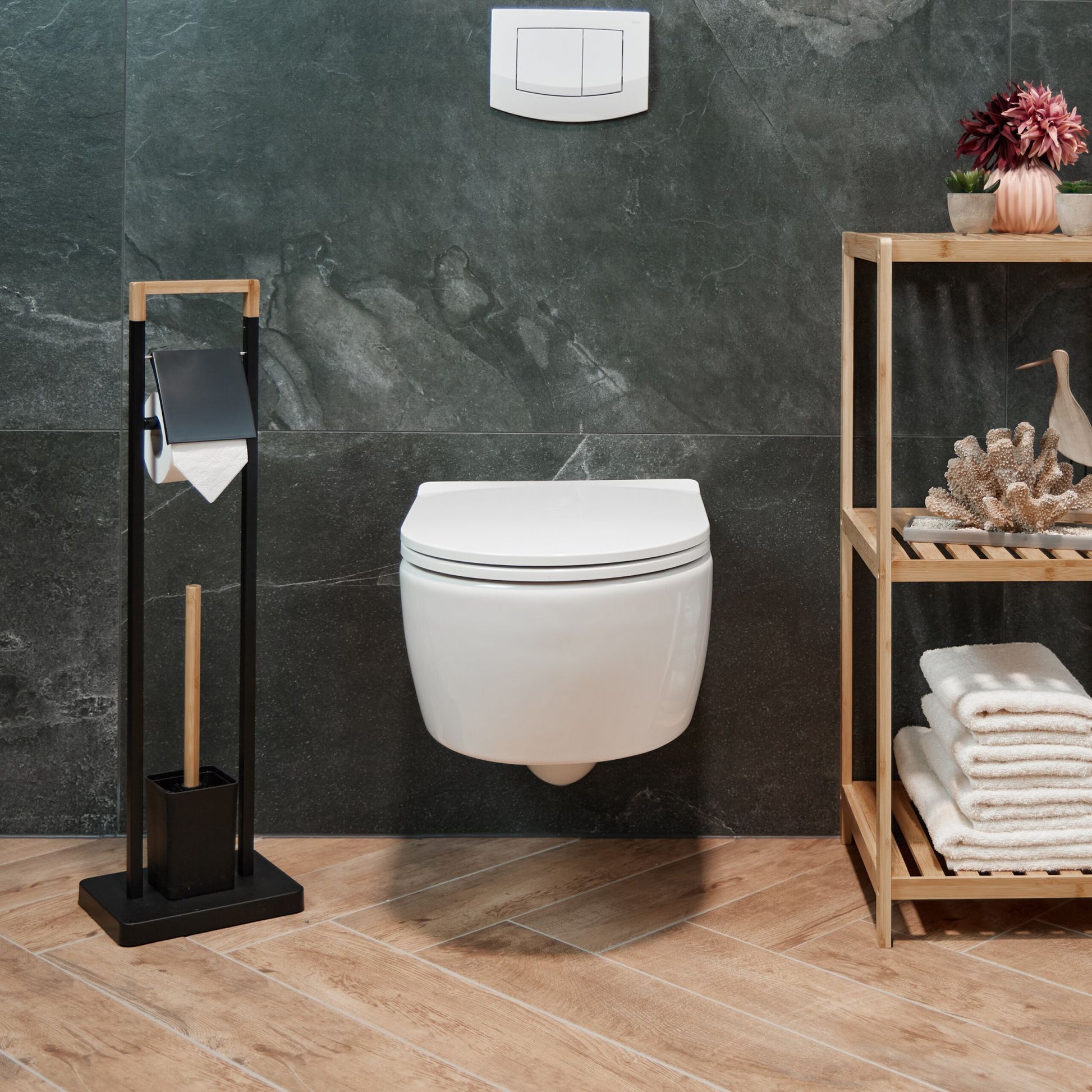 WC Garnitur Bambus & Edelstahl Hellbraun-Schwarz von Relaxdays