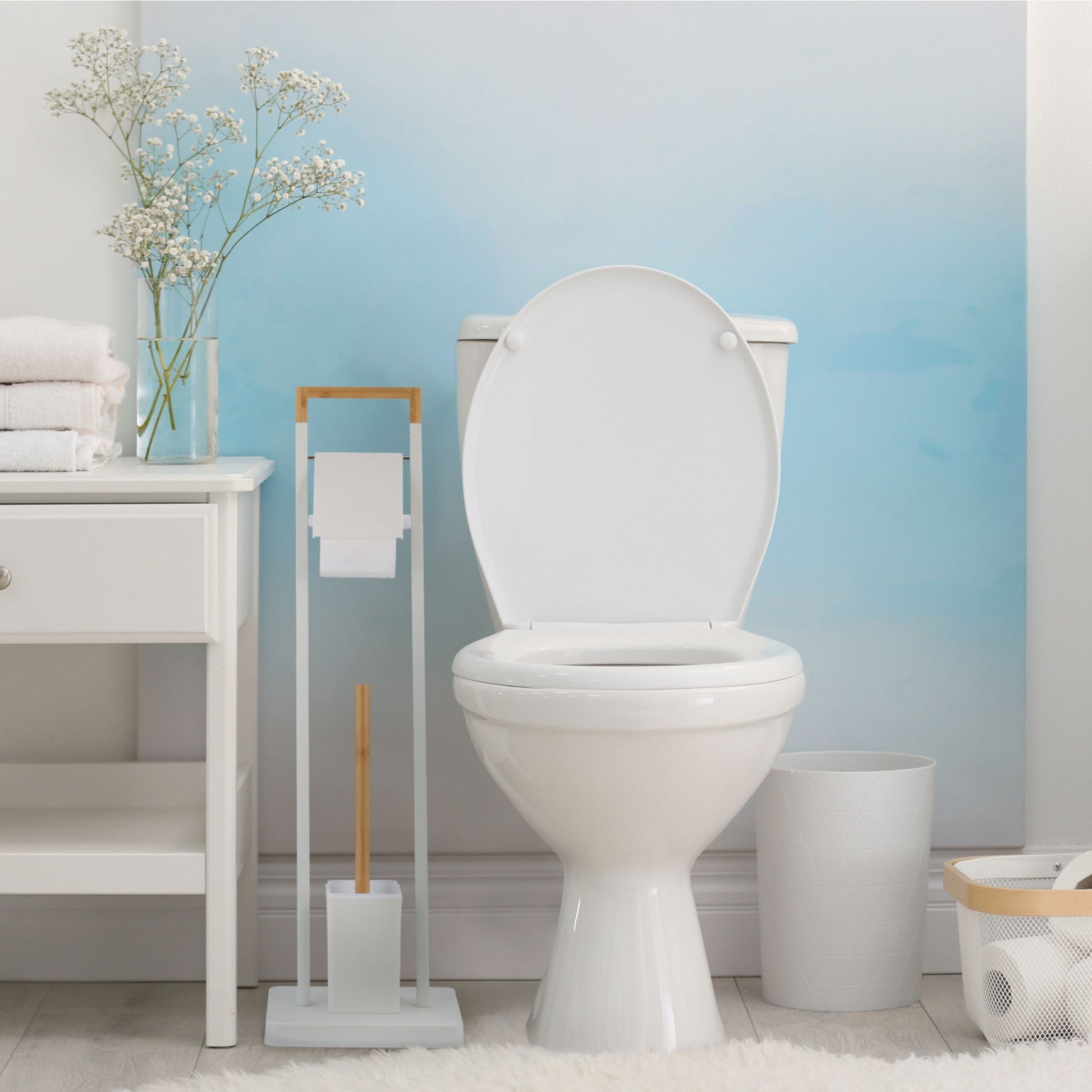 WC Garnitur Bambus & Edelstahl Weiss-Hellbraun von Relaxdays