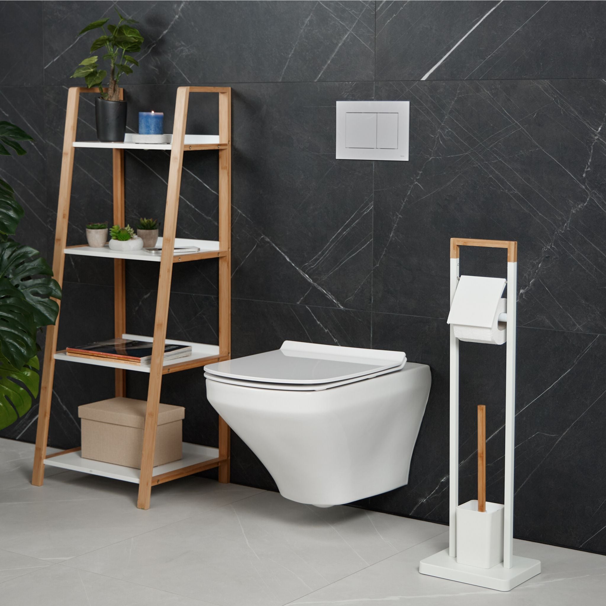 WC Garnitur Bambus & Edelstahl Weiss-Hellbraun von Relaxdays