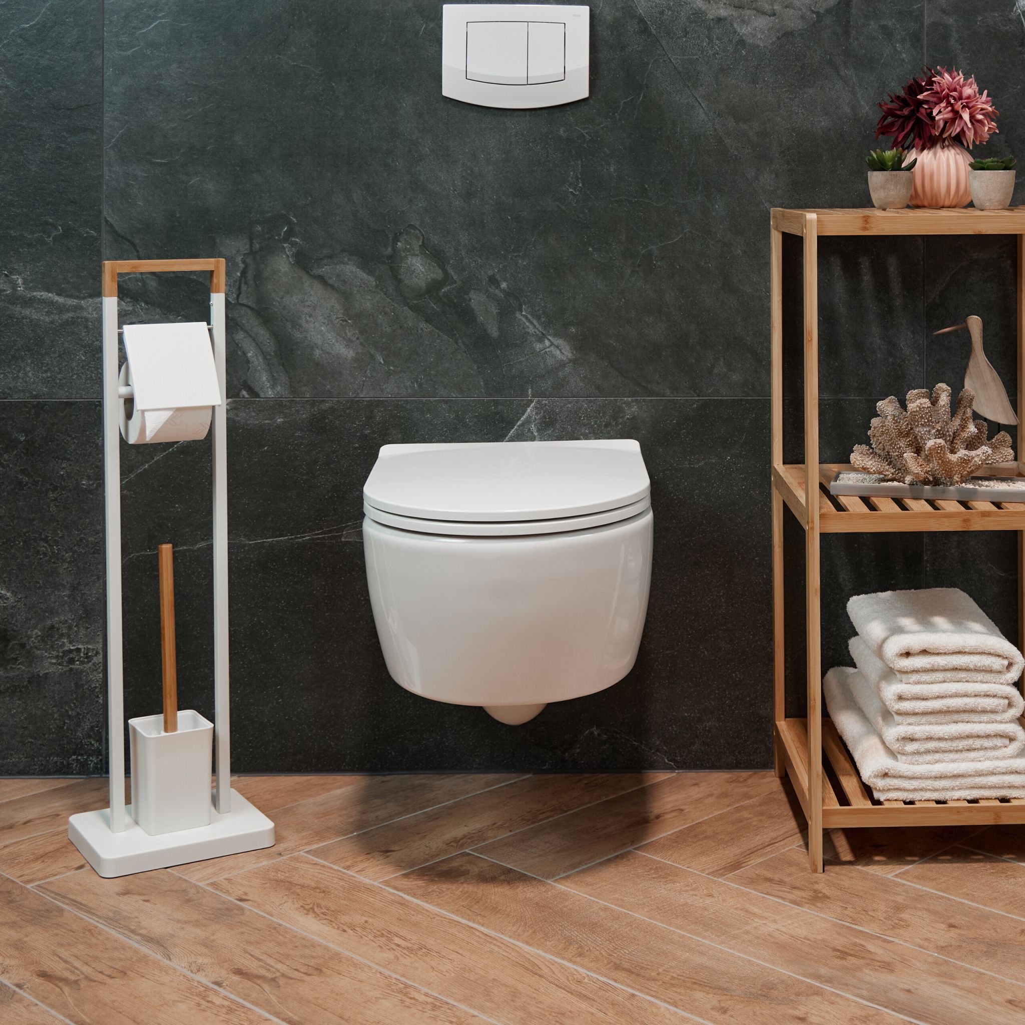 WC Garnitur Bambus & Edelstahl Weiss-Hellbraun von Relaxdays