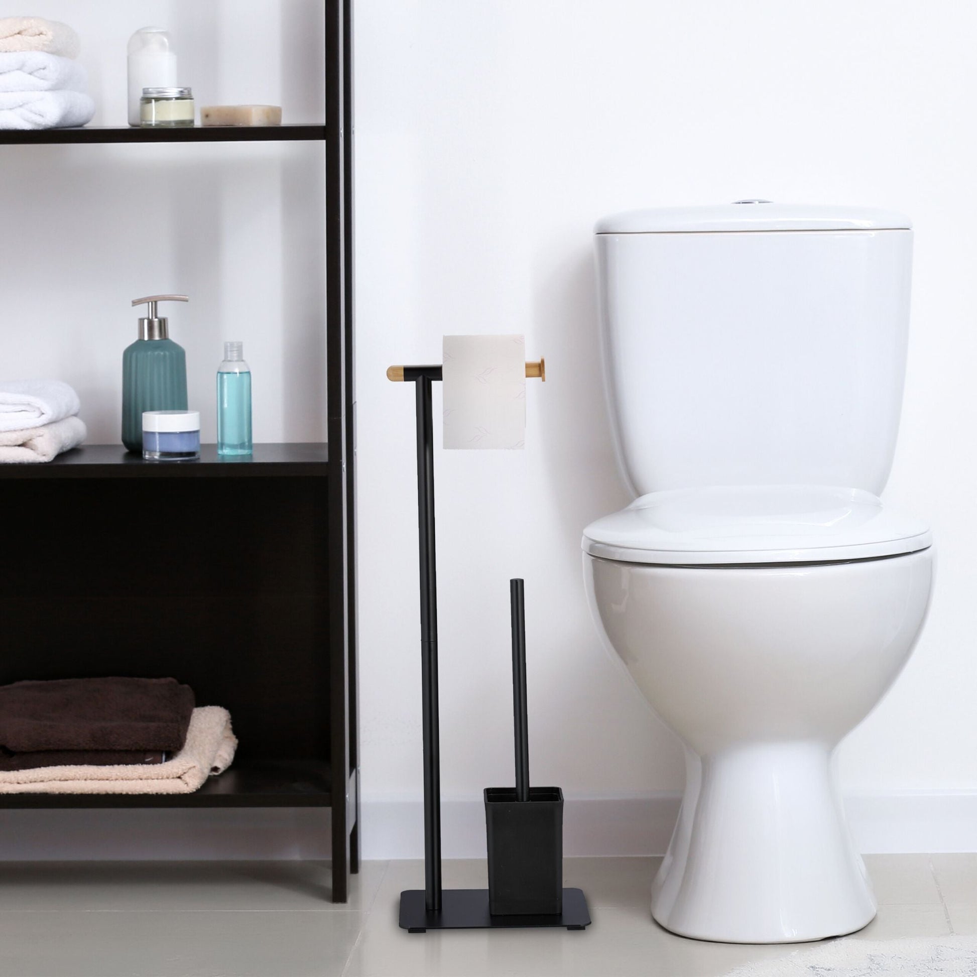 WC Garnitur Bambus & Edelstahl Hellbraun-Schwarz von Relaxdays