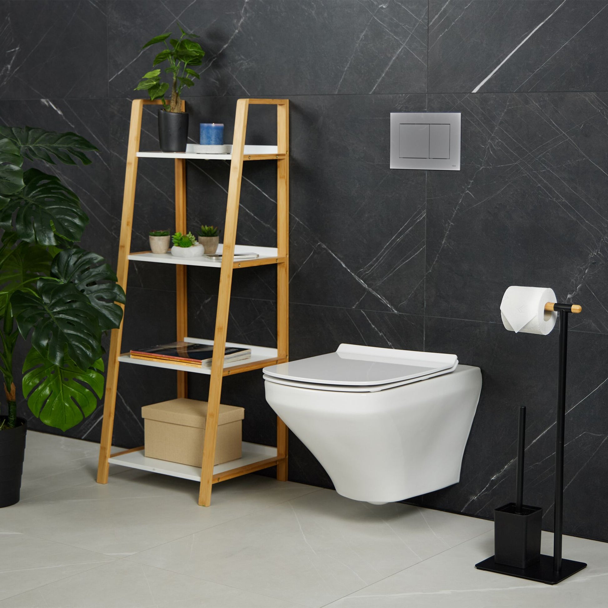 WC Garnitur Bambus & Edelstahl Hellbraun-Schwarz von Relaxdays