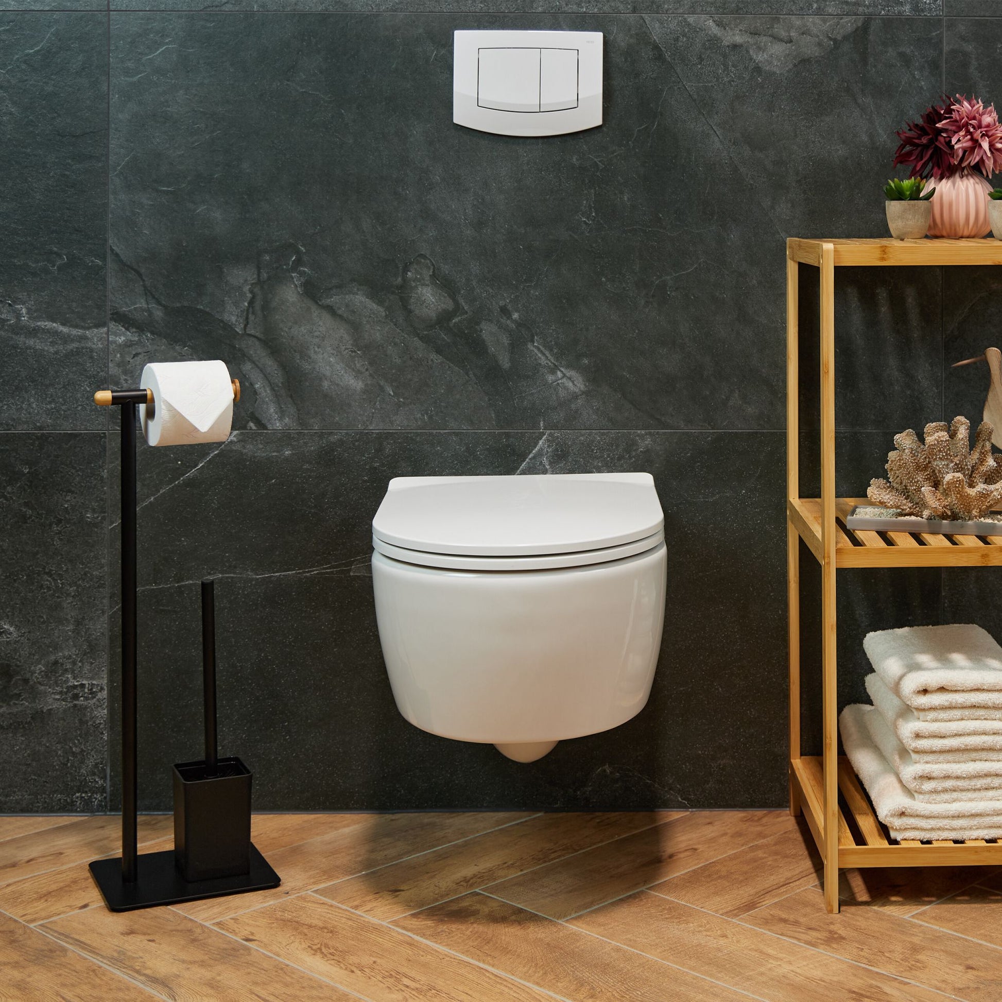 WC Garnitur Bambus & Edelstahl Hellbraun-Schwarz von Relaxdays