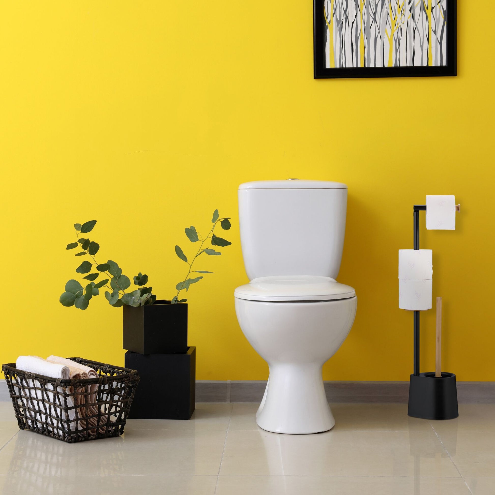 WC Garnitur Bambus & Edelstahl Hellbraun-Schwarz von Relaxdays