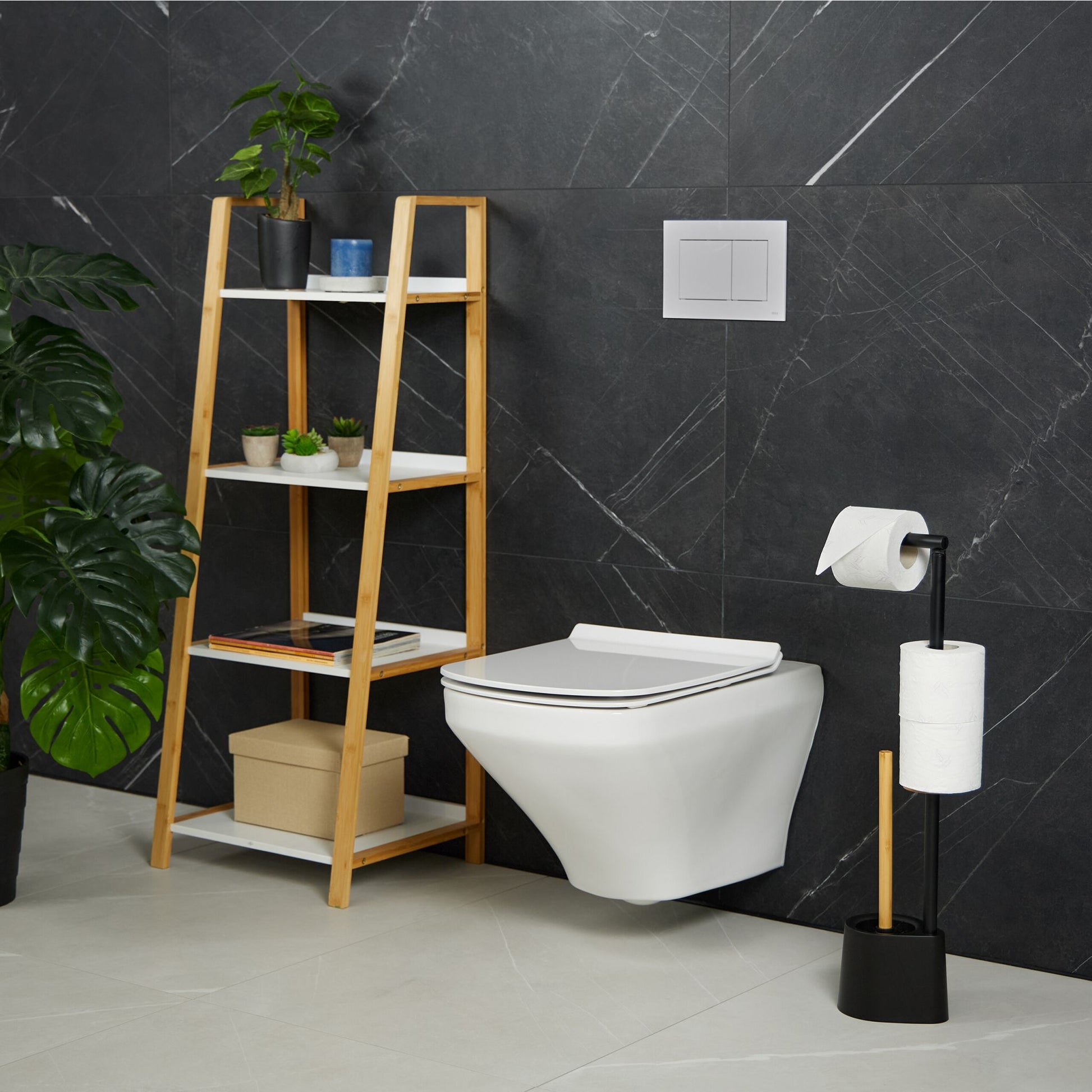 WC Garnitur Bambus & Edelstahl Hellbraun-Schwarz von Relaxdays