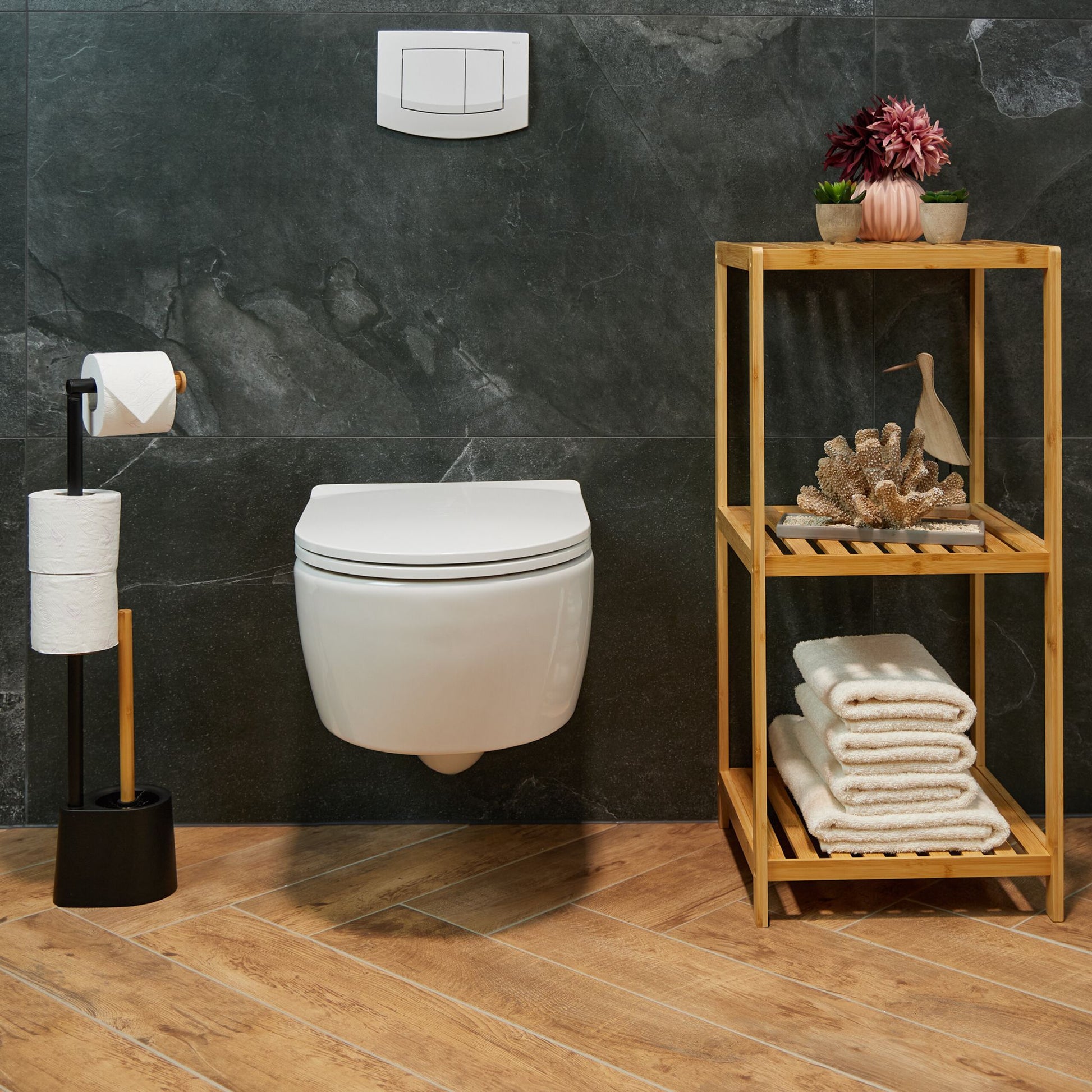 WC Garnitur Bambus & Edelstahl Hellbraun-Schwarz von Relaxdays