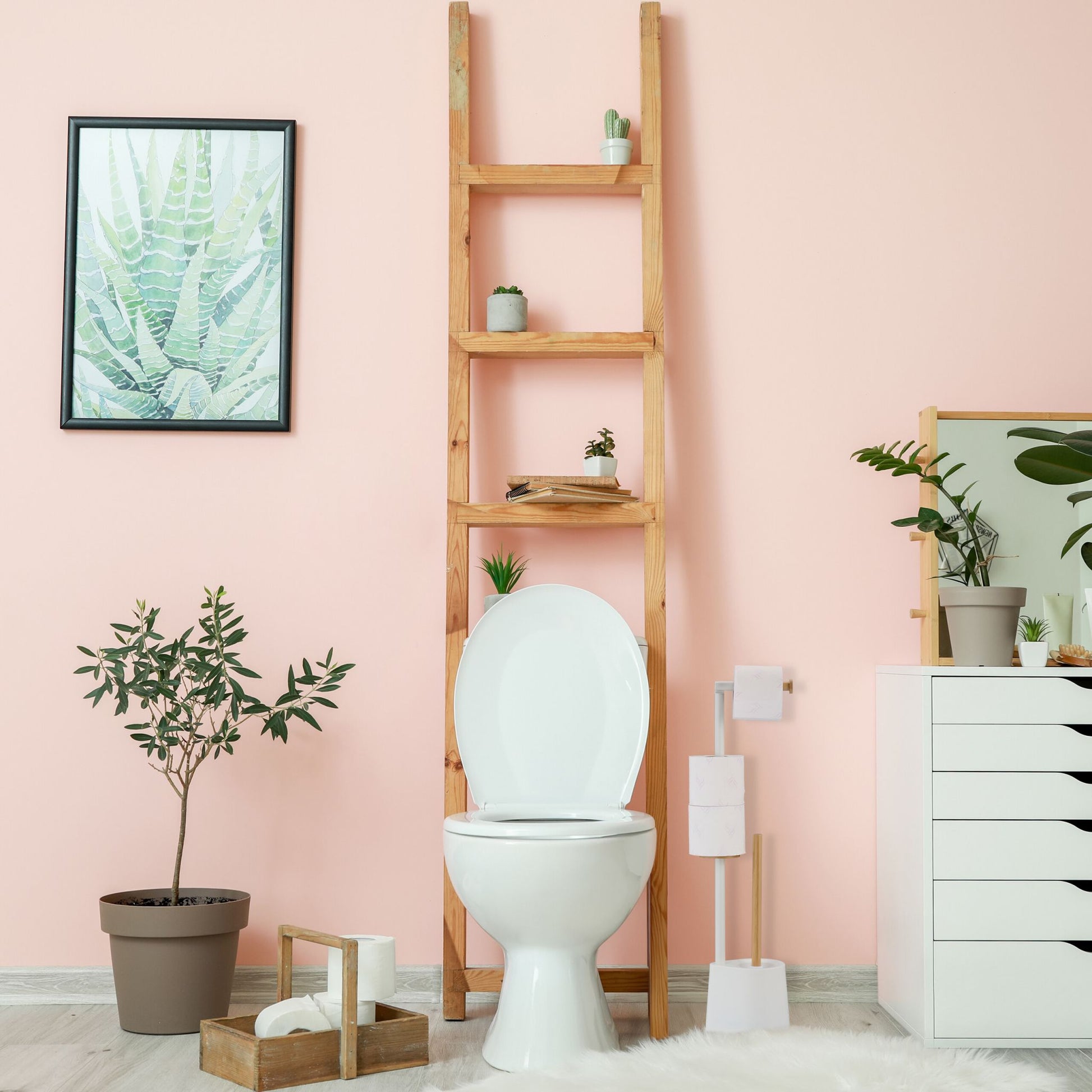 WC Garnitur Bambus & Edelstahl Weiss-Hellbraun von Relaxdays