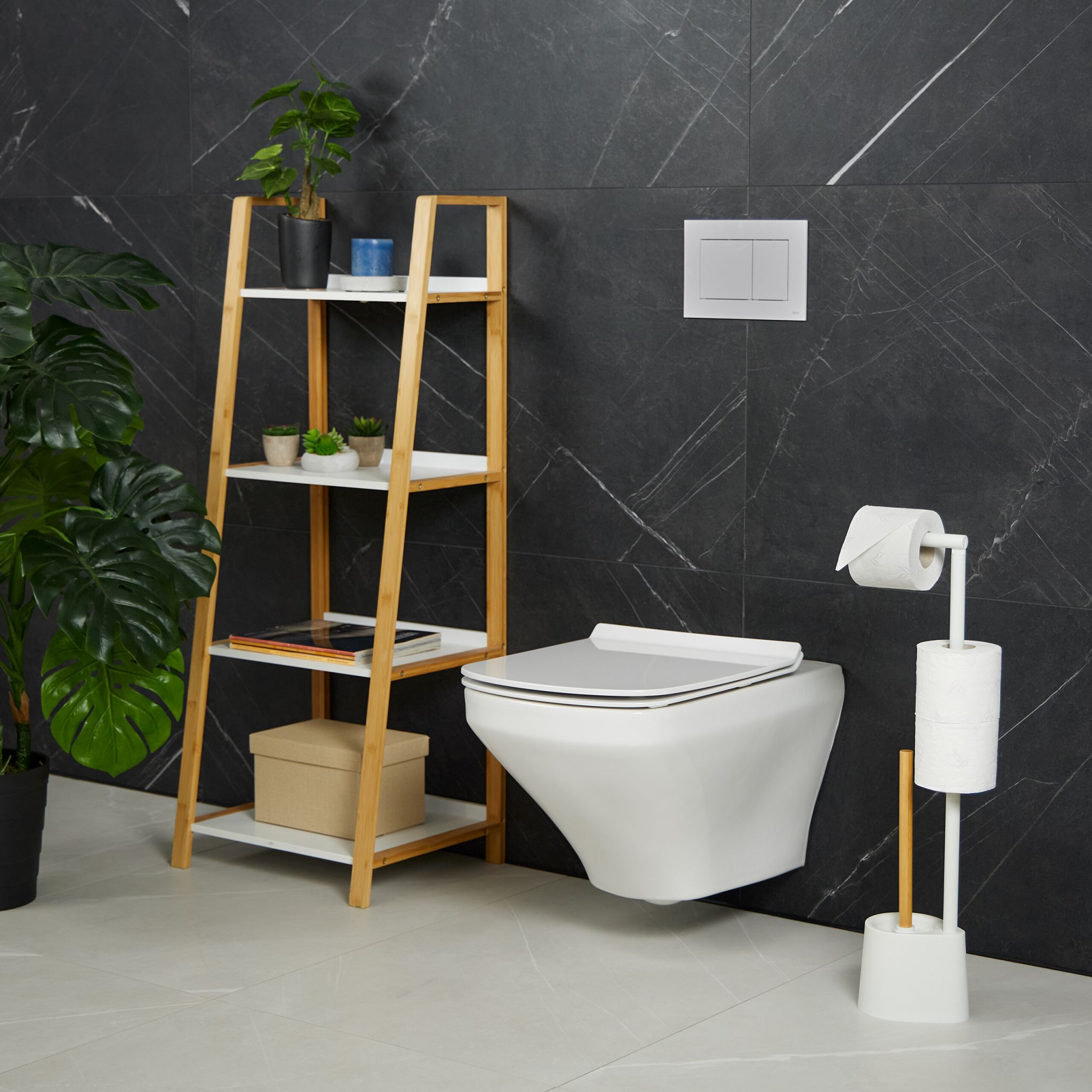 WC Garnitur Bambus & Edelstahl Weiss-Hellbraun von Relaxdays