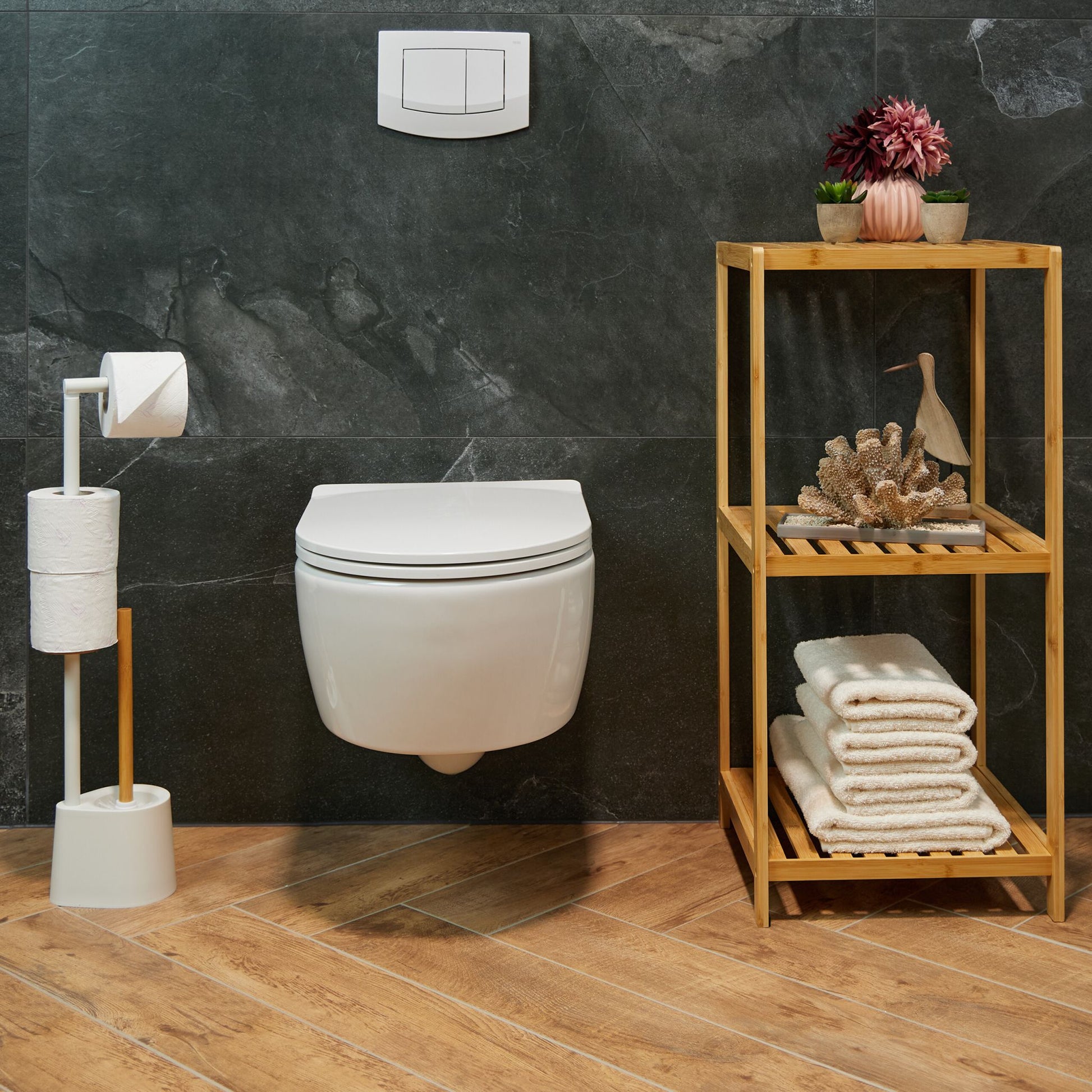WC Garnitur Bambus & Edelstahl Weiss-Hellbraun von Relaxdays