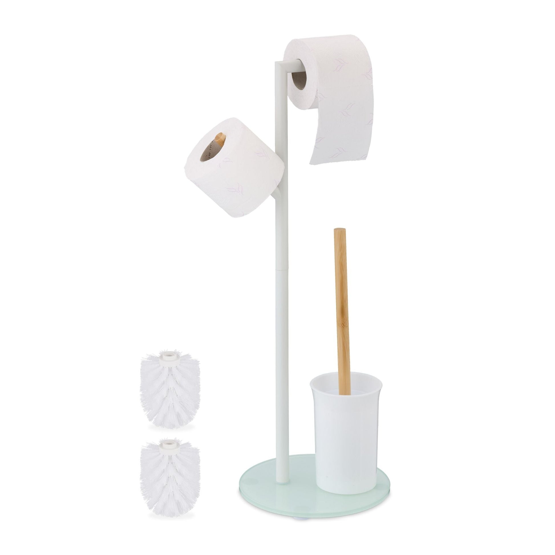 WC Garnitur mit 2 Ersatz-Bürstenköpfen Weiss-Hellbraun von Relaxdays