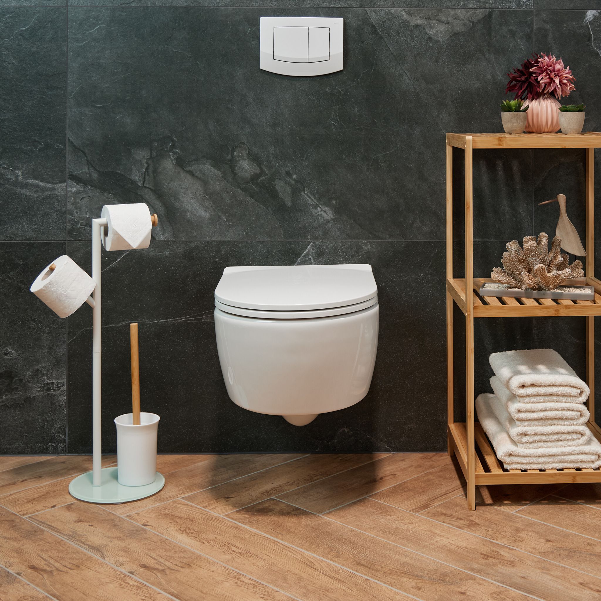 WC Garnitur mit 2 Ersatz-Bürstenköpfen Weiss-Hellbraun von Relaxdays