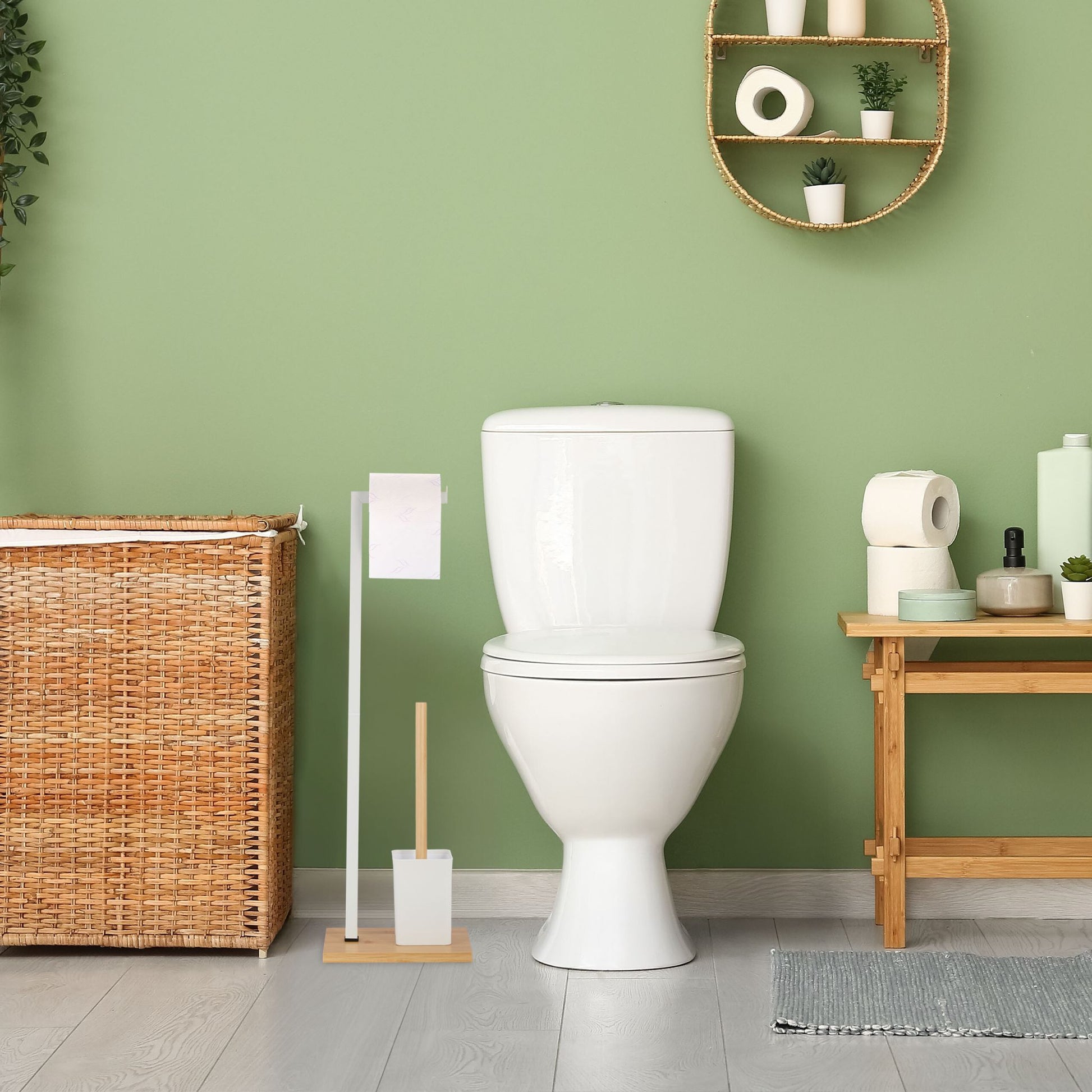 WC Garnitur Bambus & Edelstahl Weiss-Hellbraun von Relaxdays