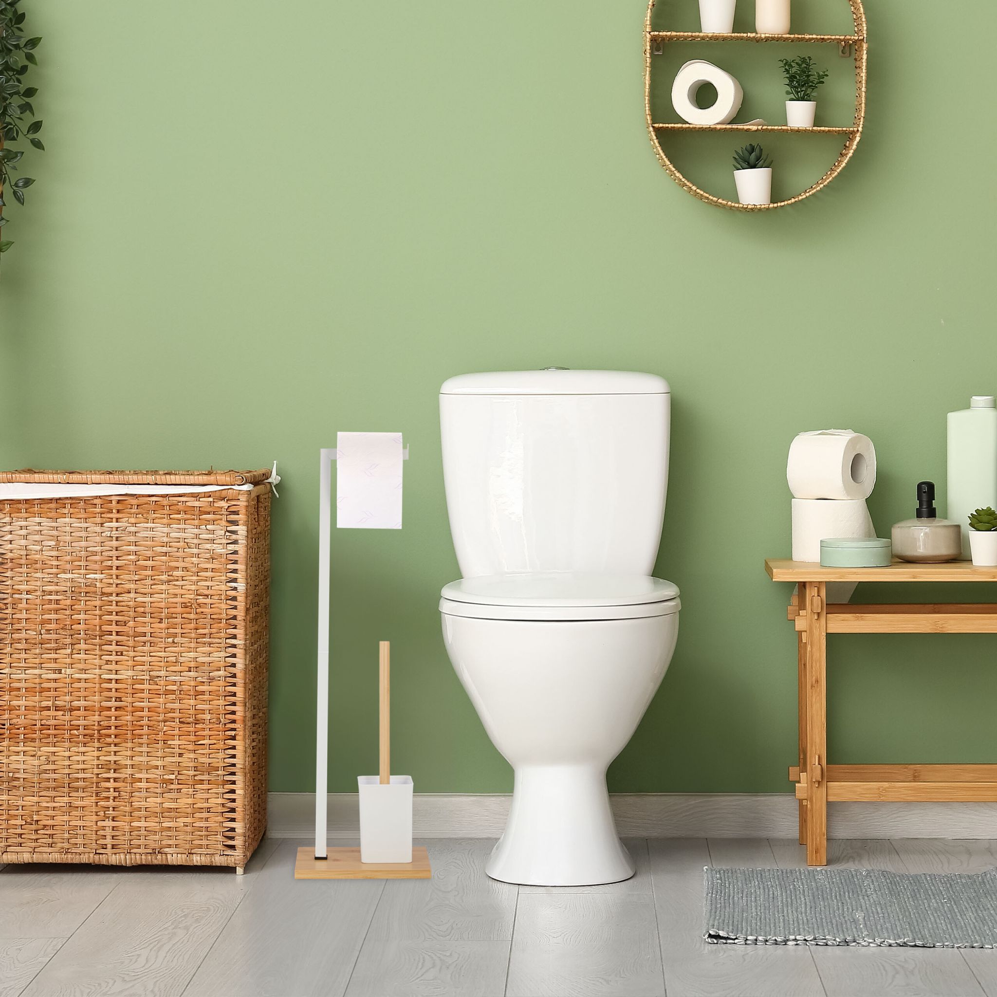 WC Garnitur Bambus & Edelstahl Weiss-Hellbraun von Relaxdays