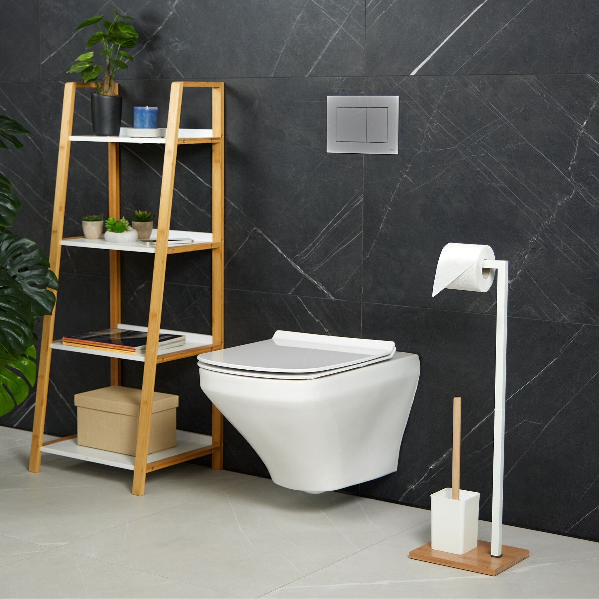 WC Garnitur Bambus & Edelstahl Weiss-Hellbraun von Relaxdays