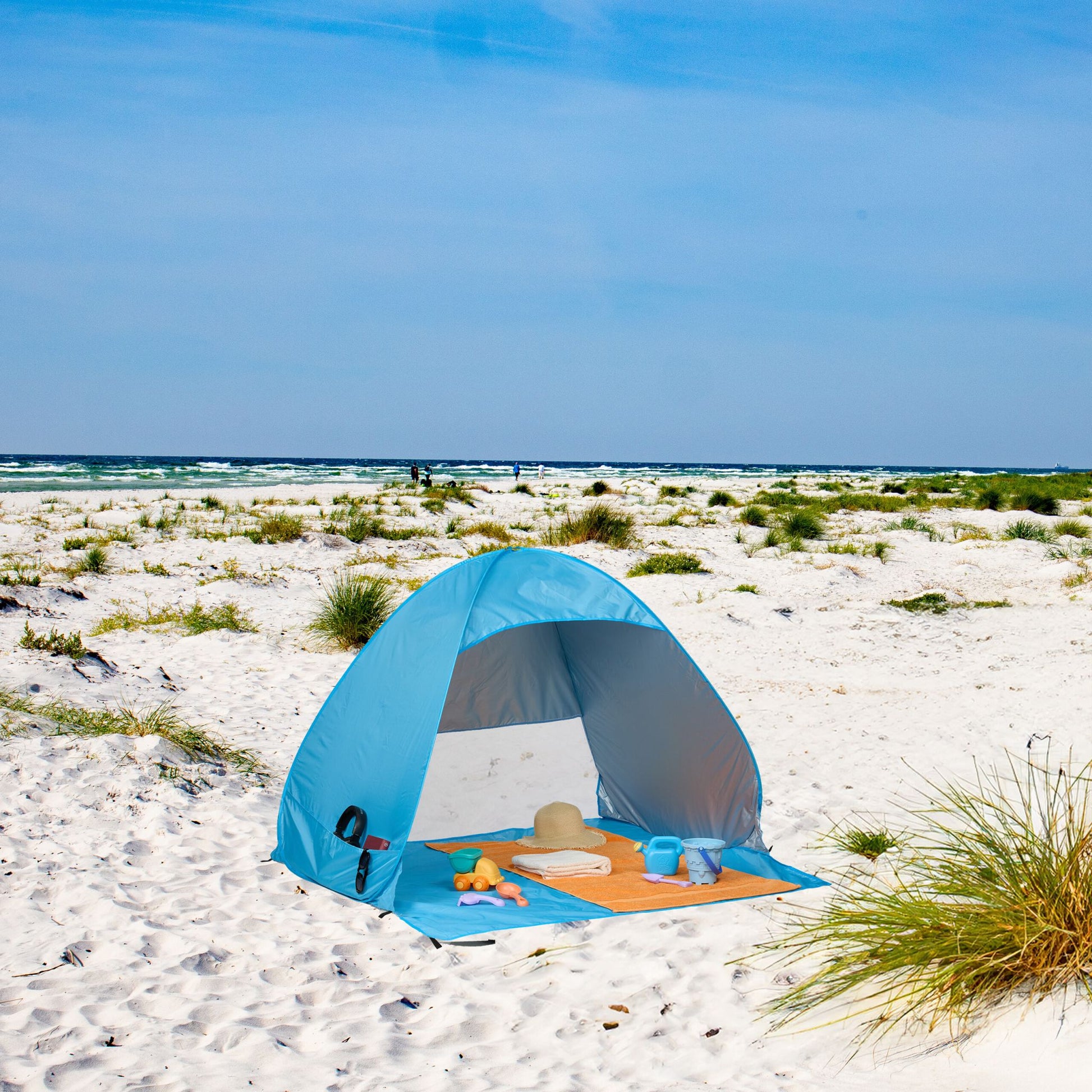 Strandmuschel Pop up Weiss-Hellblau-Schwarz von Relaxdays