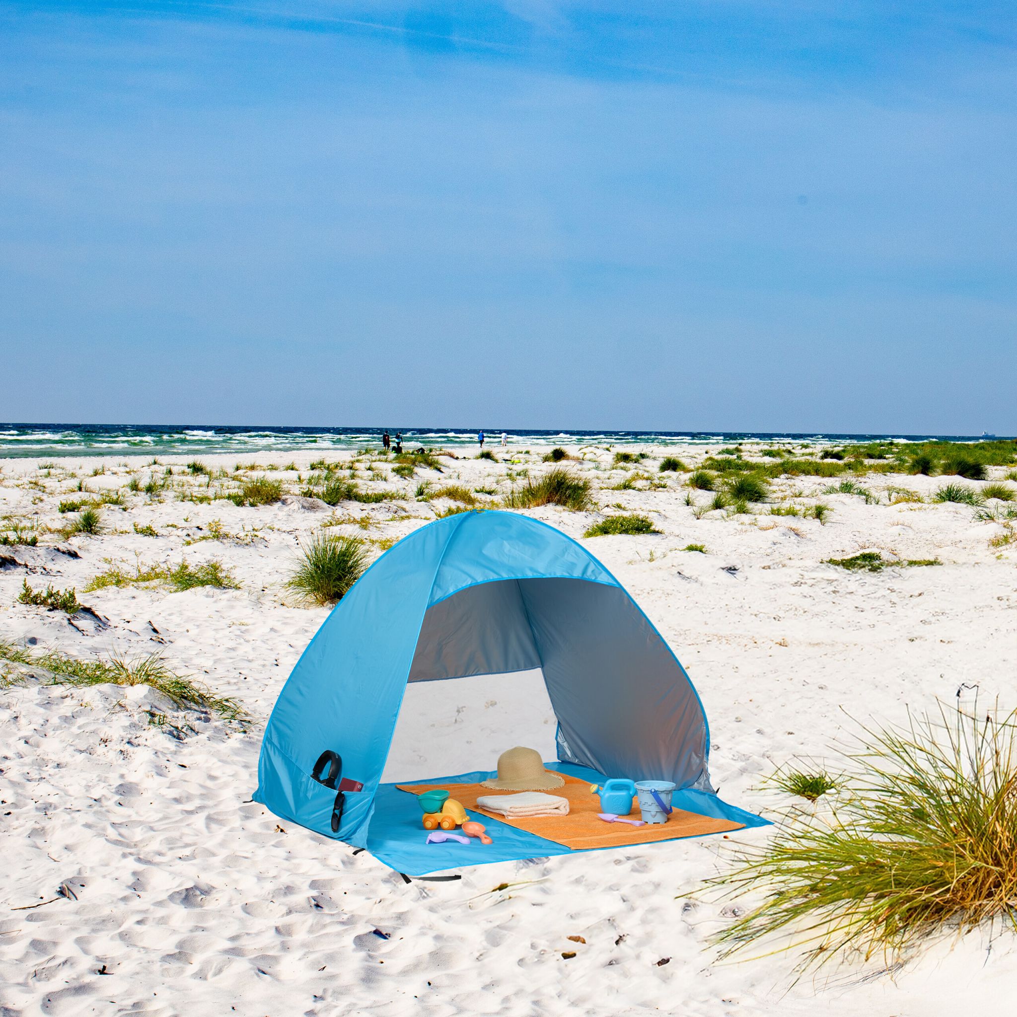 Strandmuschel Pop up Weiss-Hellblau-Schwarz von Relaxdays