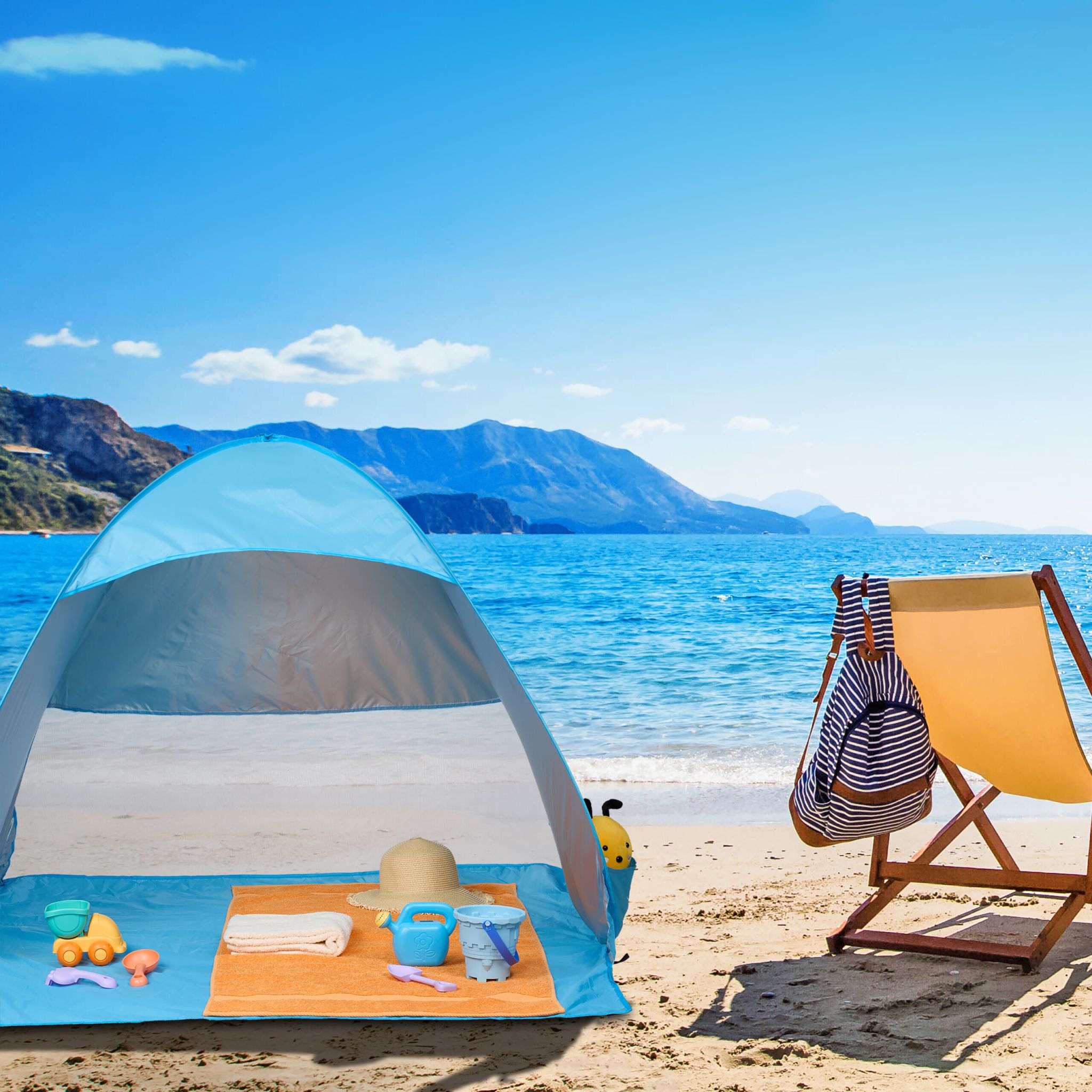 Strandmuschel Pop up Weiss-Hellblau-Schwarz von Relaxdays