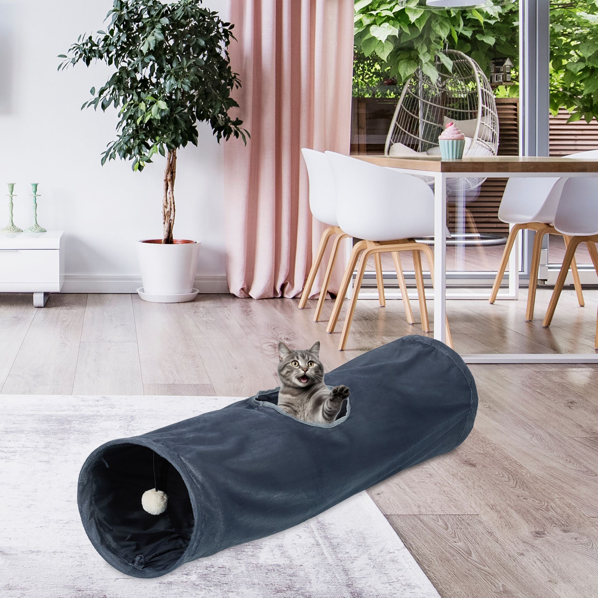 Faltbarer Katzentunnel mit Plüsch Creme-Grau von Relaxdays