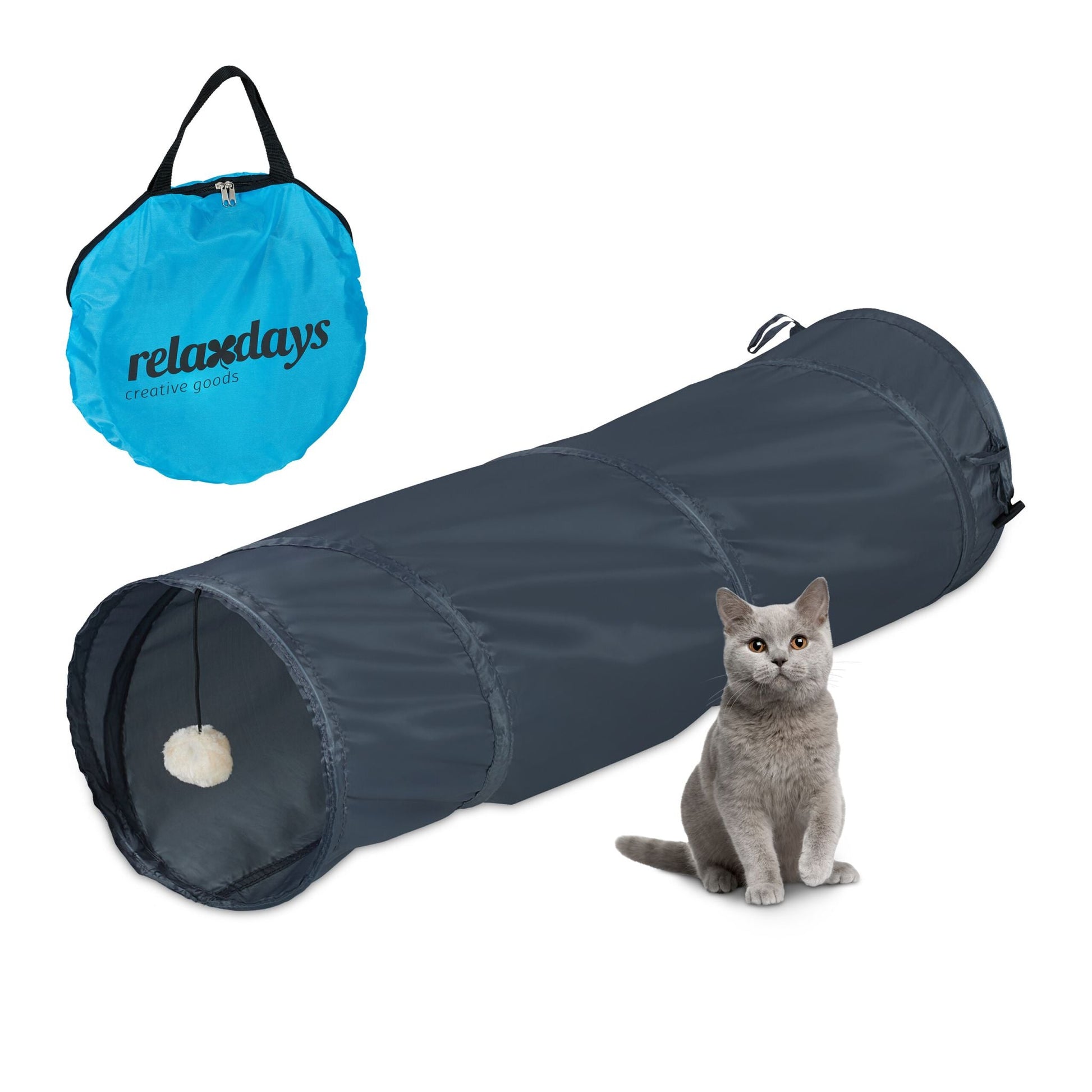 Faltbarer Katzentunnel mit Spielzeug Creme-Grau von Relaxdays