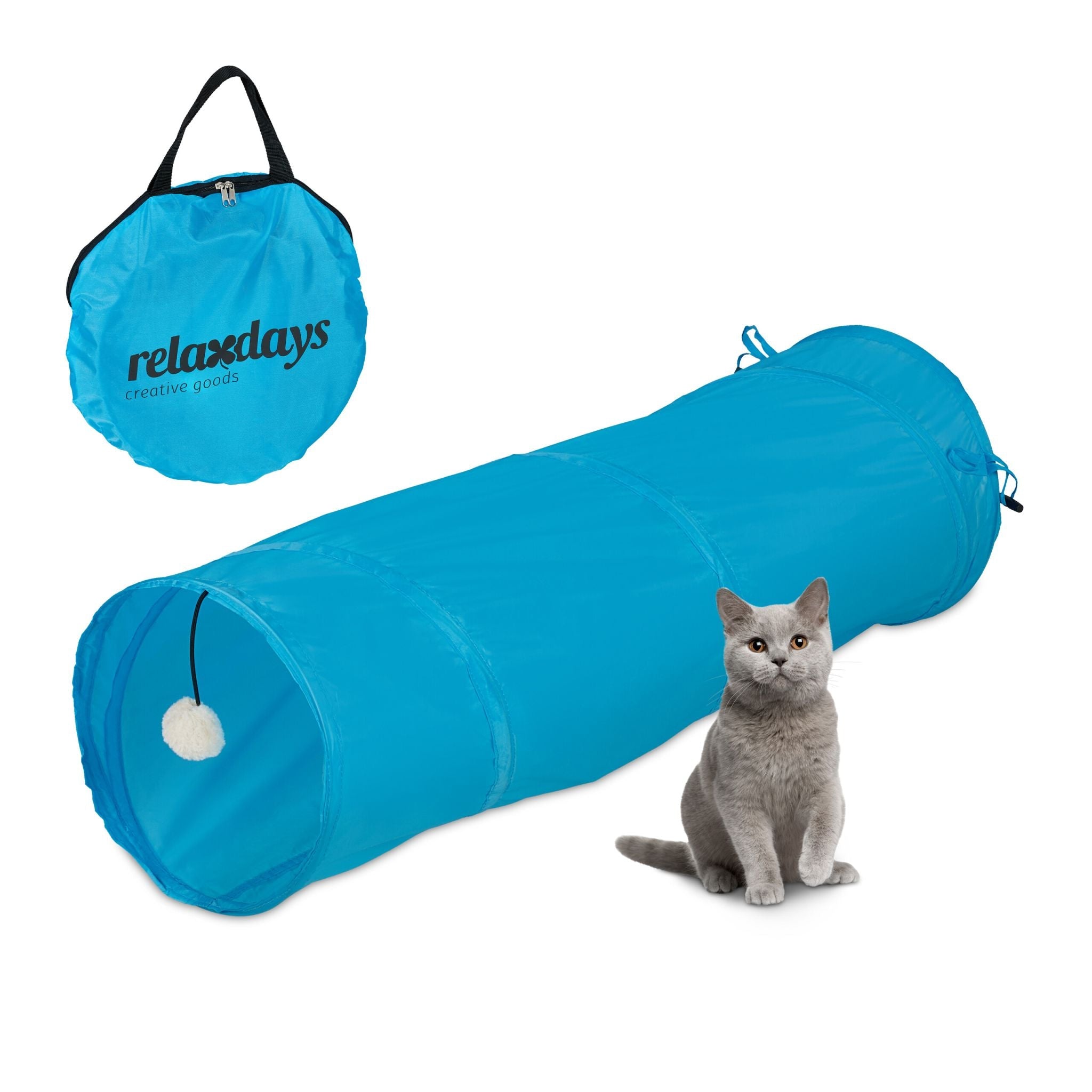 Faltbarer Katzentunnel mit Spielzeug Blau-Creme von Relaxdays
