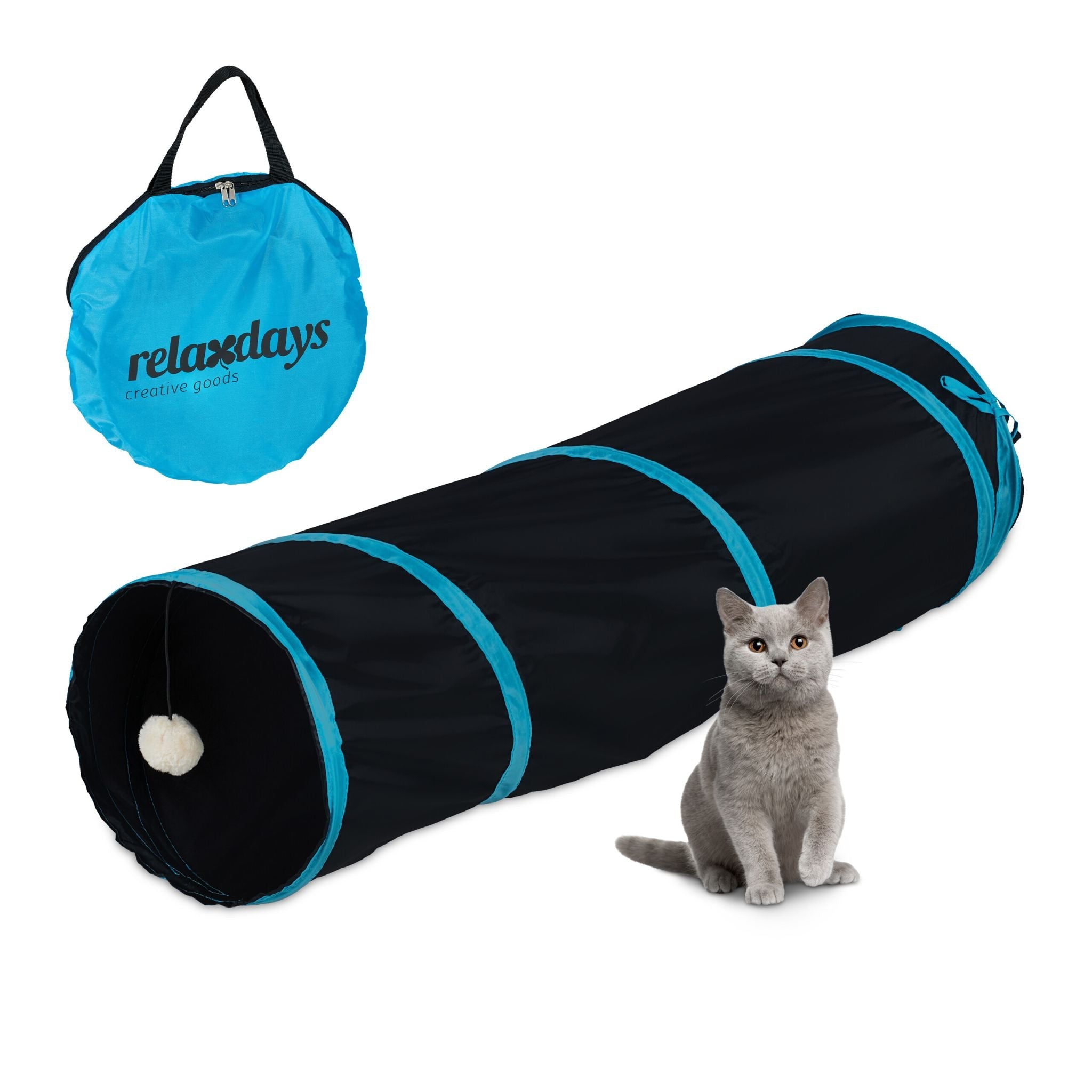 Faltbarer Katzentunnel mit Spielzeug Blau-Creme-Schwarz von Relaxdays