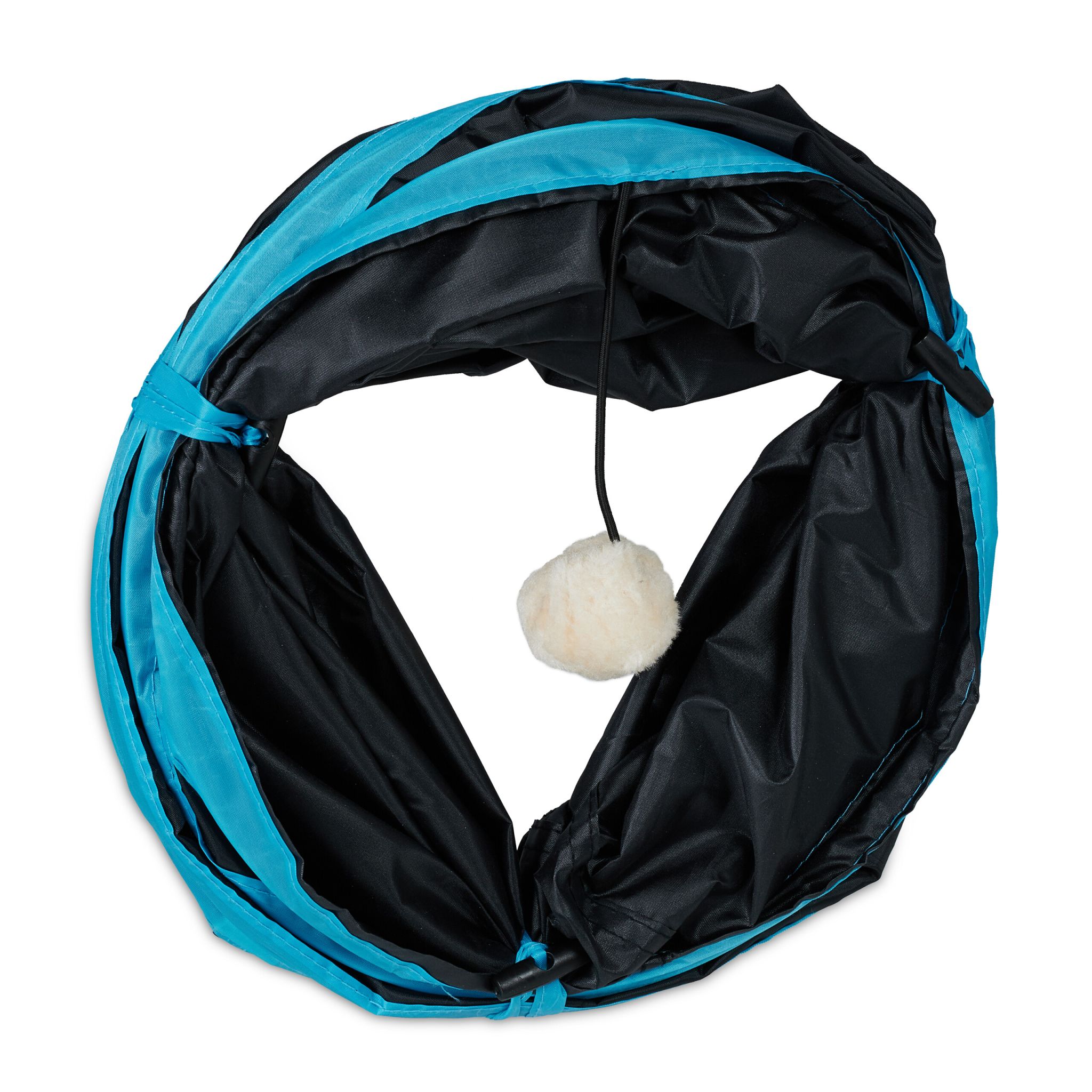 Faltbarer Katzentunnel mit Spielzeug Blau-Creme-Schwarz von Relaxdays