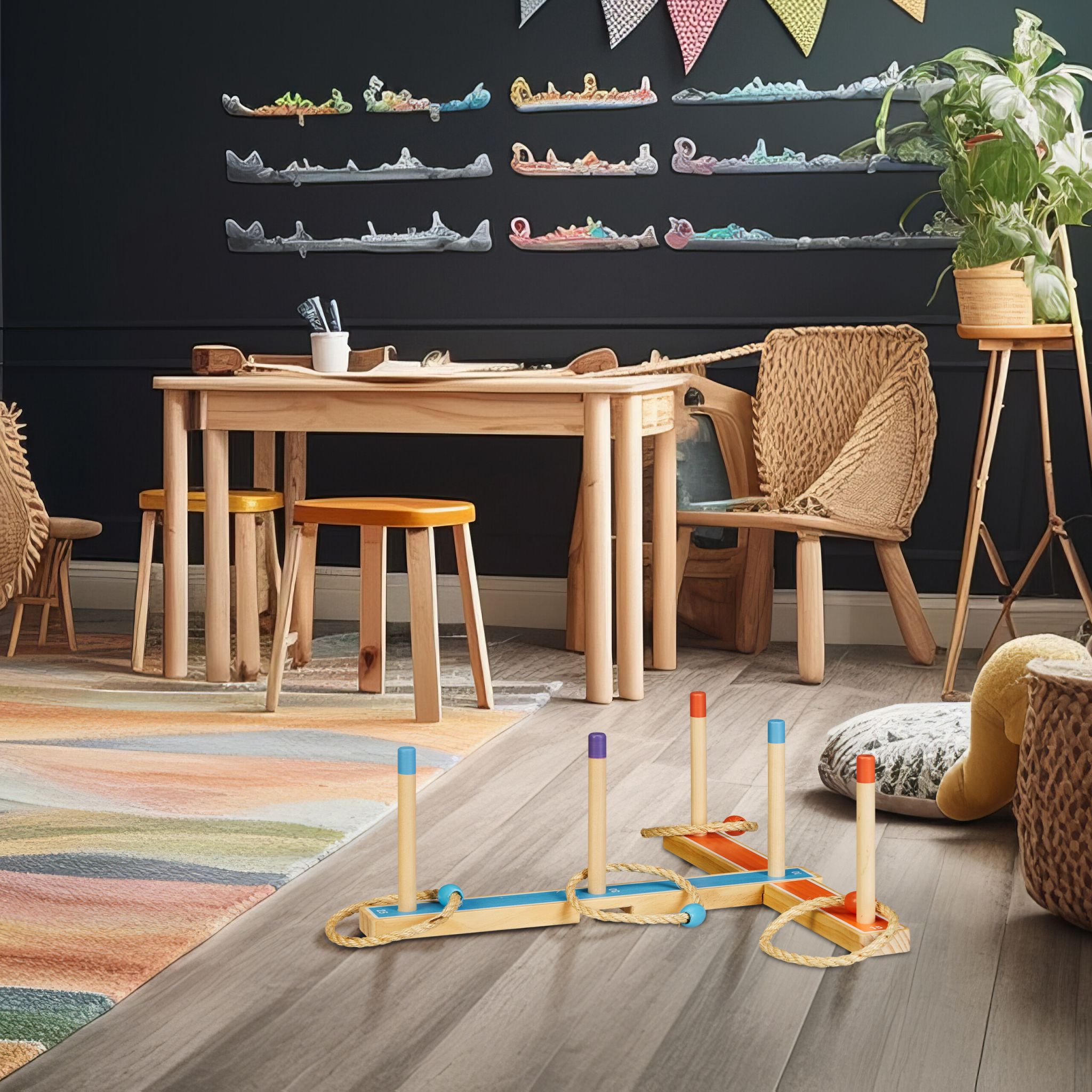 Ringwurfspiel Holz Blau-Hellbraun-Orange von Relaxdays