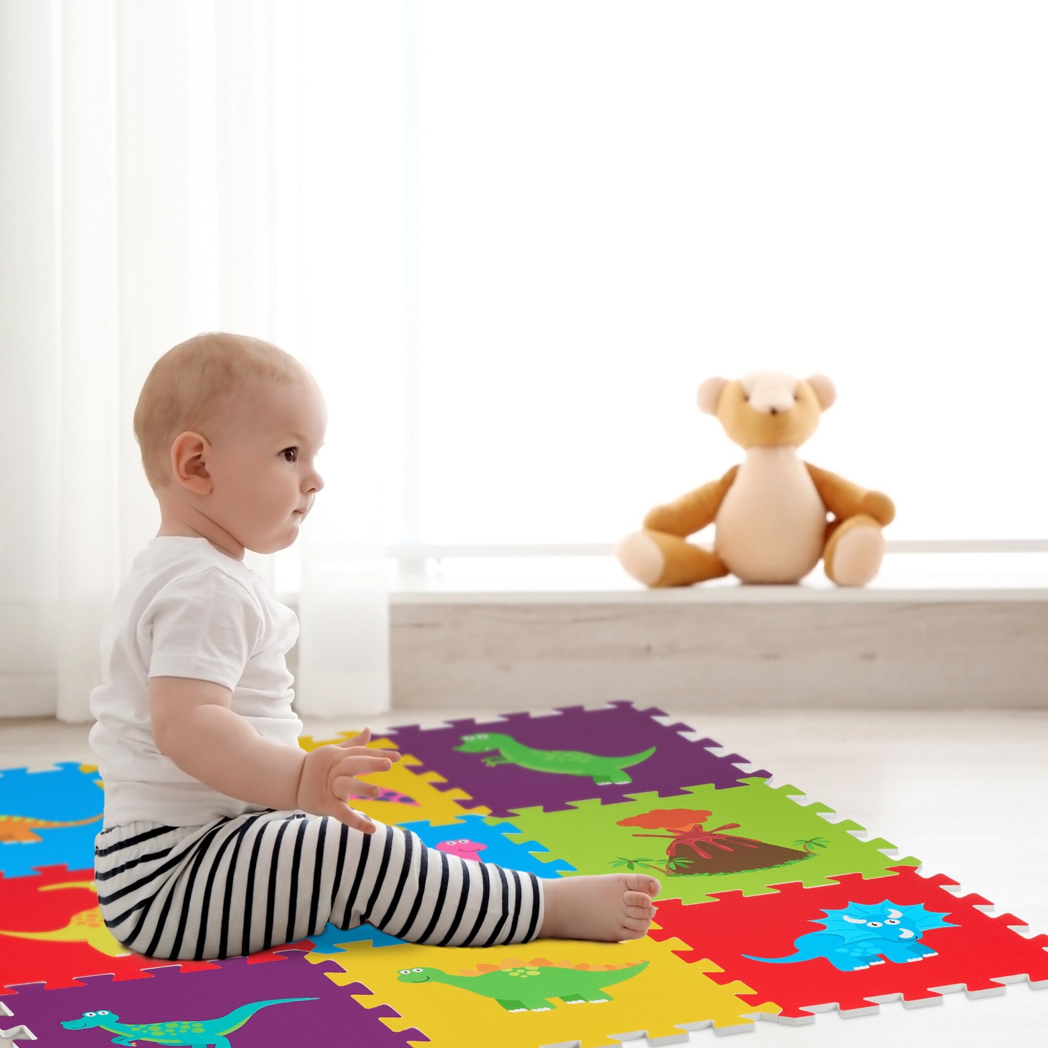 Puzzlematte Dinosaurier bunt Gelb-Lila-Rot von Relaxdays