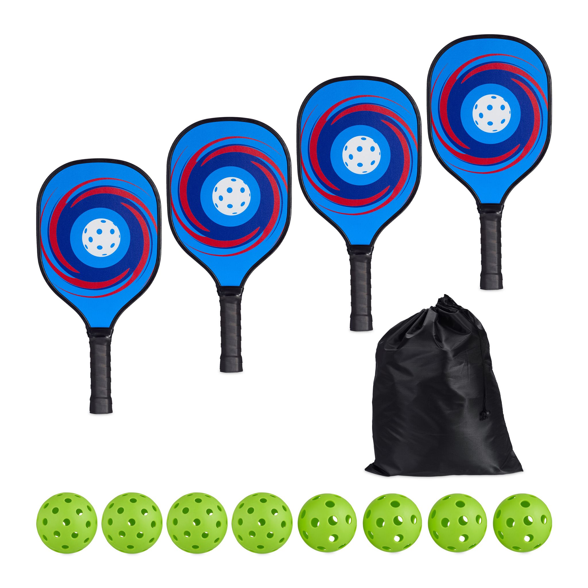 Pickleball Set 4 Schläger & 8 Bälle Blau-Grün-Schwarz von Relaxdays