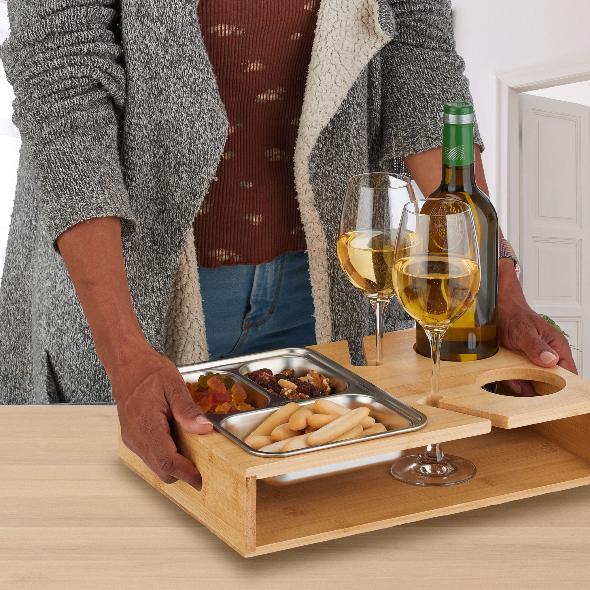 Couchbar mit Edelstahlschale Hellbraun-Silber von Relaxdays
