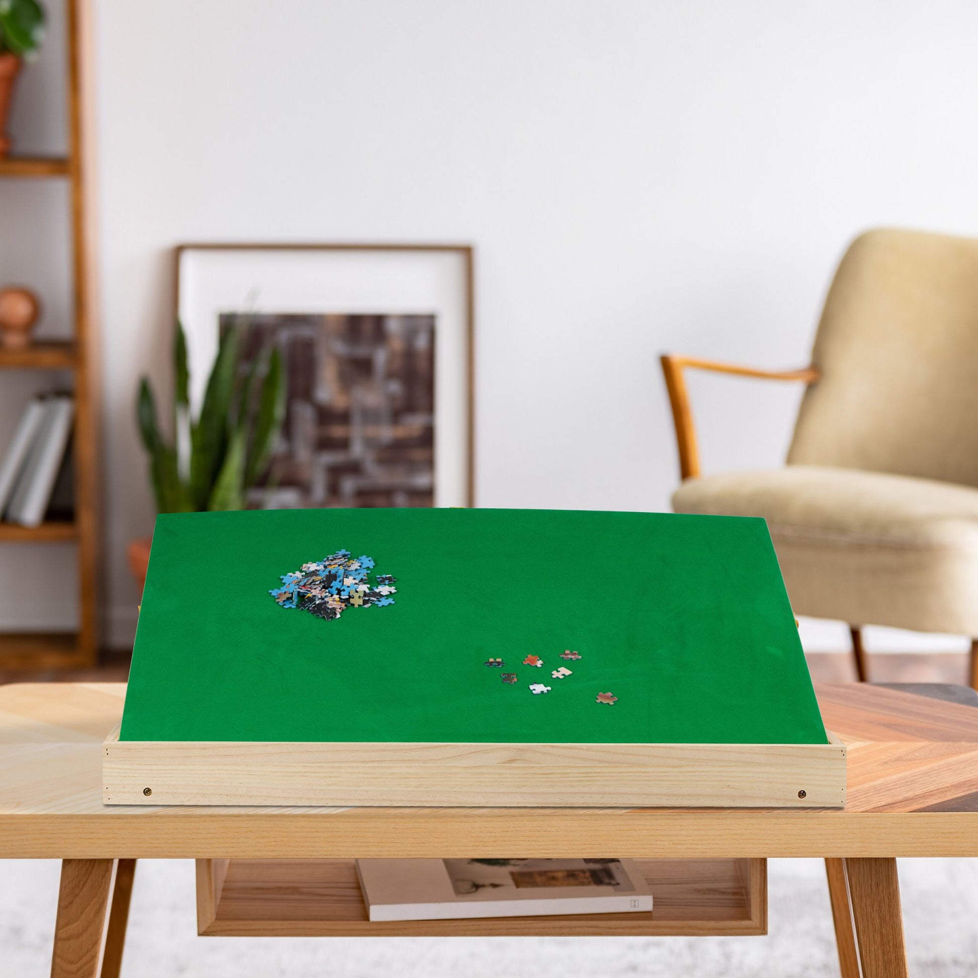 Puzzletisch mit 4 Schubladen Gelb-Grün-Hellbraun von Relaxdays